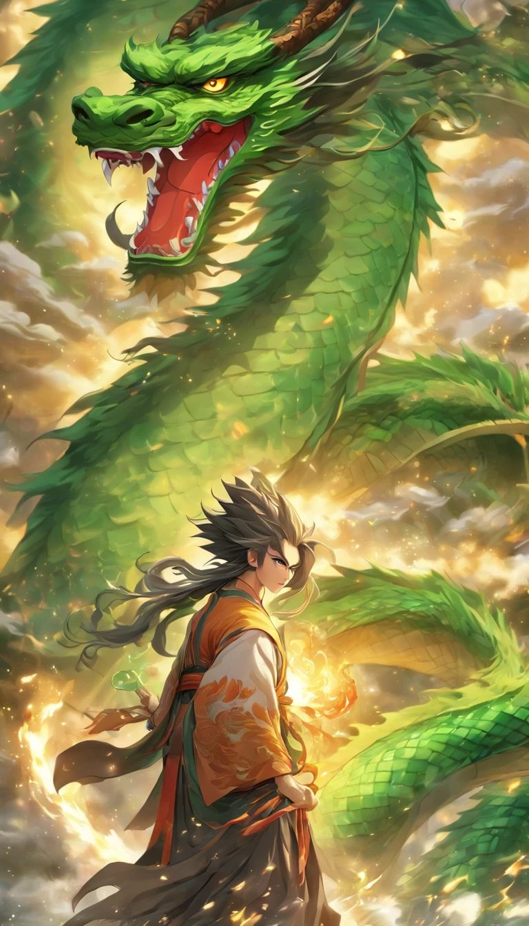 china style，中景 the scene is，The Taoist monk stood in front of a huge green dragon，reaching out her hands，Long messy hair，glow effect，Hyper-realistic，Ultra Photo Realism，Chinese black and white ink style，Plata，discoloration，stain，yin，8K，Superfine，Upper Crider，（（（Renderizadoll OC）））