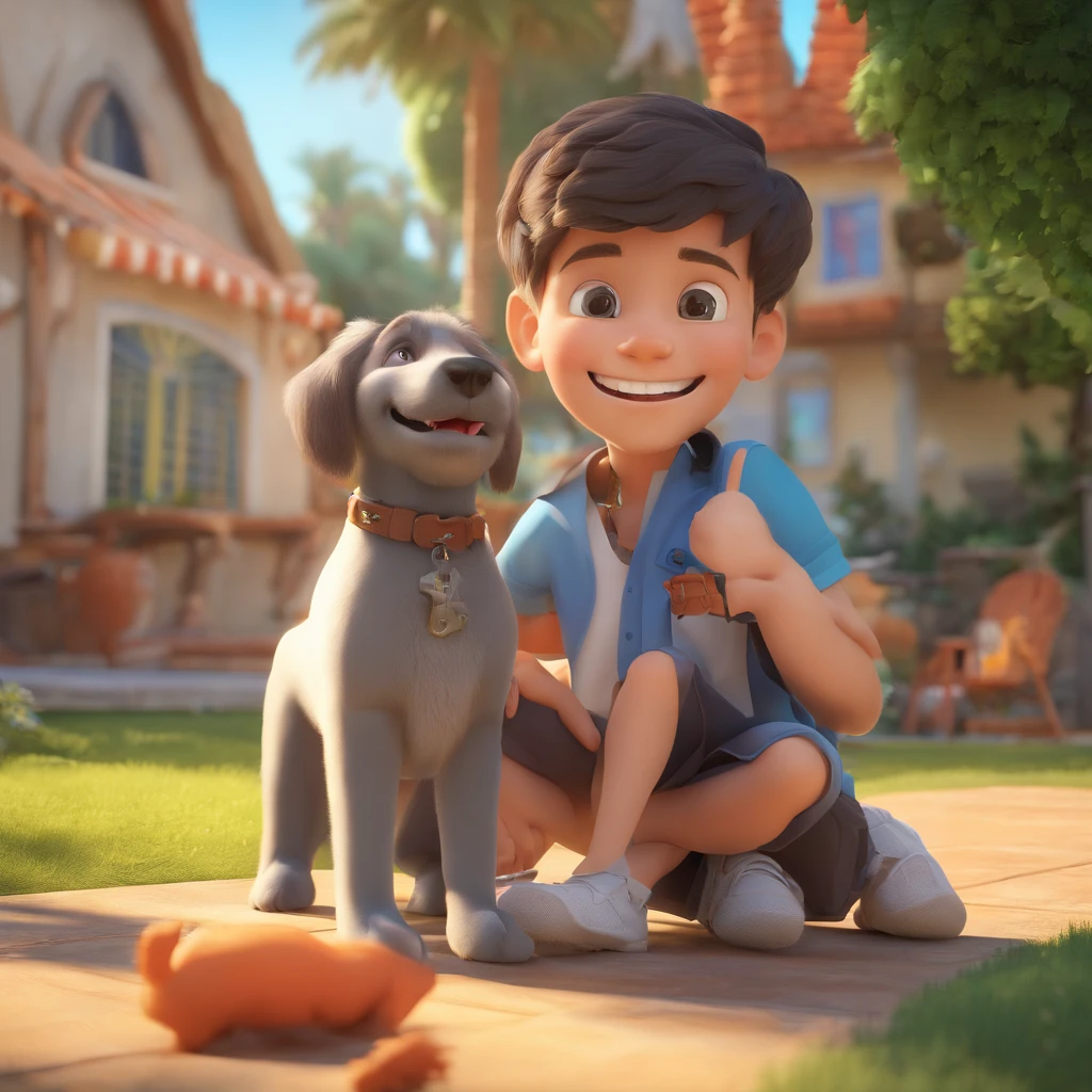 Lucas is a smiling -yeld hu boy, com seu fiel amigo, Bolt, o cachorro schnauzer, deitados no jardim