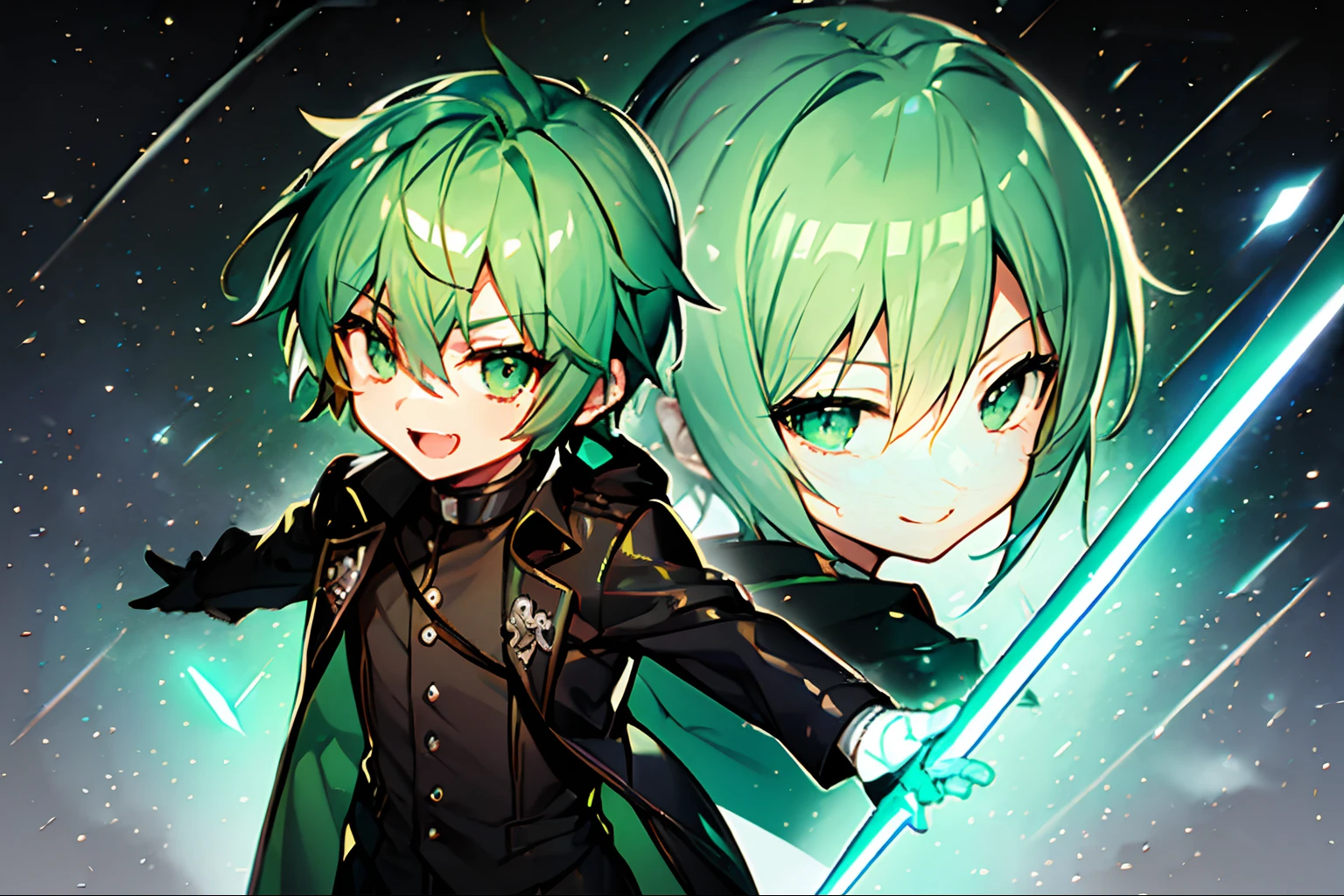 1 boy、beautiful countenance、Gray color、Anime boy with green hair and green eyes staring at the camera、Glowing green eyes、Green Leather Long Coat、monochromes、slim, evil smile、Diagonal angle、Oblique eyes、Cool、Open mouth、short sword、Green Sword、Stance、a cool