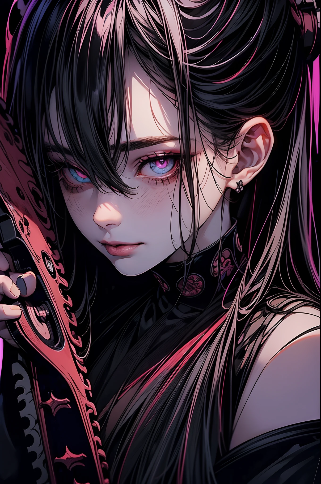 masterpiece, best quality, high quality, ultra detailed, 1girl, solo, long hair, looking at viewer, smile, glowing eyes, (((holding chainsaw))), dystopian city horror background, upper body, black hair, blood, mask, glowing, glowing eyes , holding chainsaw, texas chainsaw girl, horror, dark atmosphere, dark fantasy, dynamic angle, dramatic shadows, (dimly lit:1.5), blood on face, (extremely beautiful and detailed face:1.2), (extremely beautiful and detailed eyes:1.2), perfect hands, delicate legs, (gothic style, death atmosphere), night time, back alley