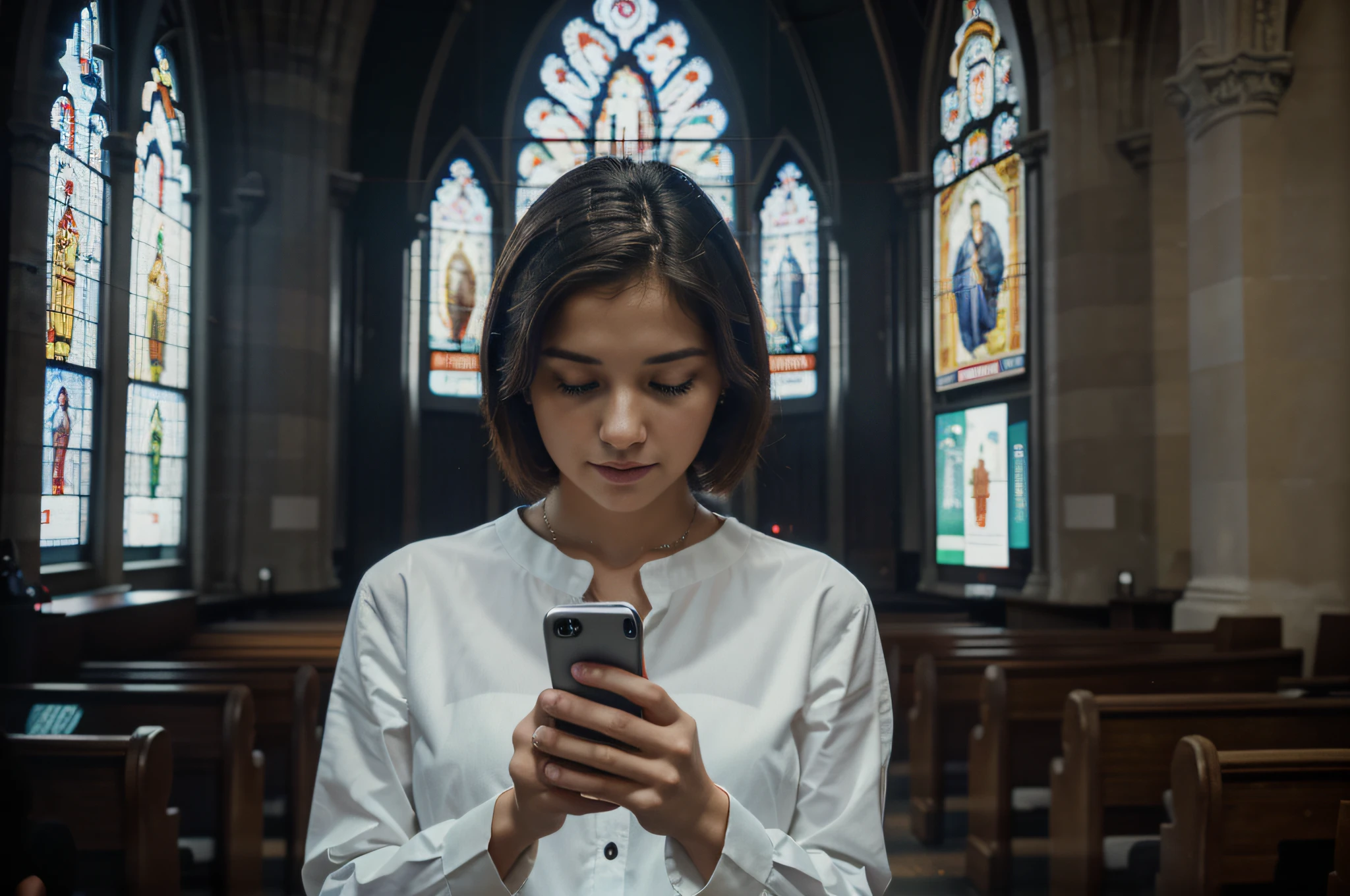 someone holding a smart phone with a lot of different images coming out of it, photo - shot, snapshot, photo render, digitally enhanced, digital media, visuals, technological screens, amazingly composed image, information, high quality picture, technologies, high quality image”, technological, digital screens, a picture, a christian cross beaming out of the phone, in a church