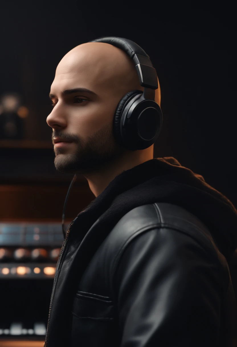 A bald young man with a short beard and brown eyes with headphones wearing a black jacket in a music studio, Imagem no estilo Pixar, Estilo de filme animado 3D, Disney
