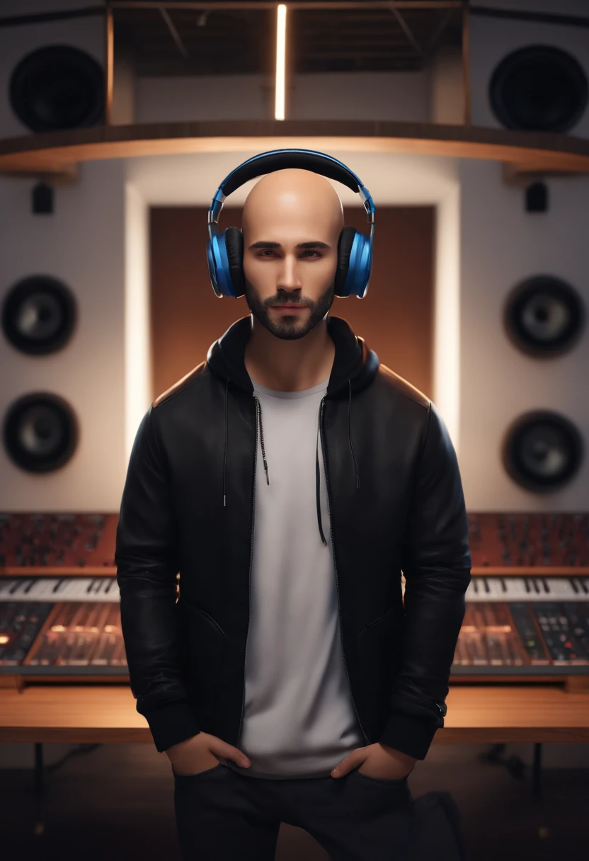 A bald young man with a short beard and brown eyes with headphones wearing a black jacket in a music studio, Imagem no estilo Pixar, Estilo de filme animado 3D, Disney