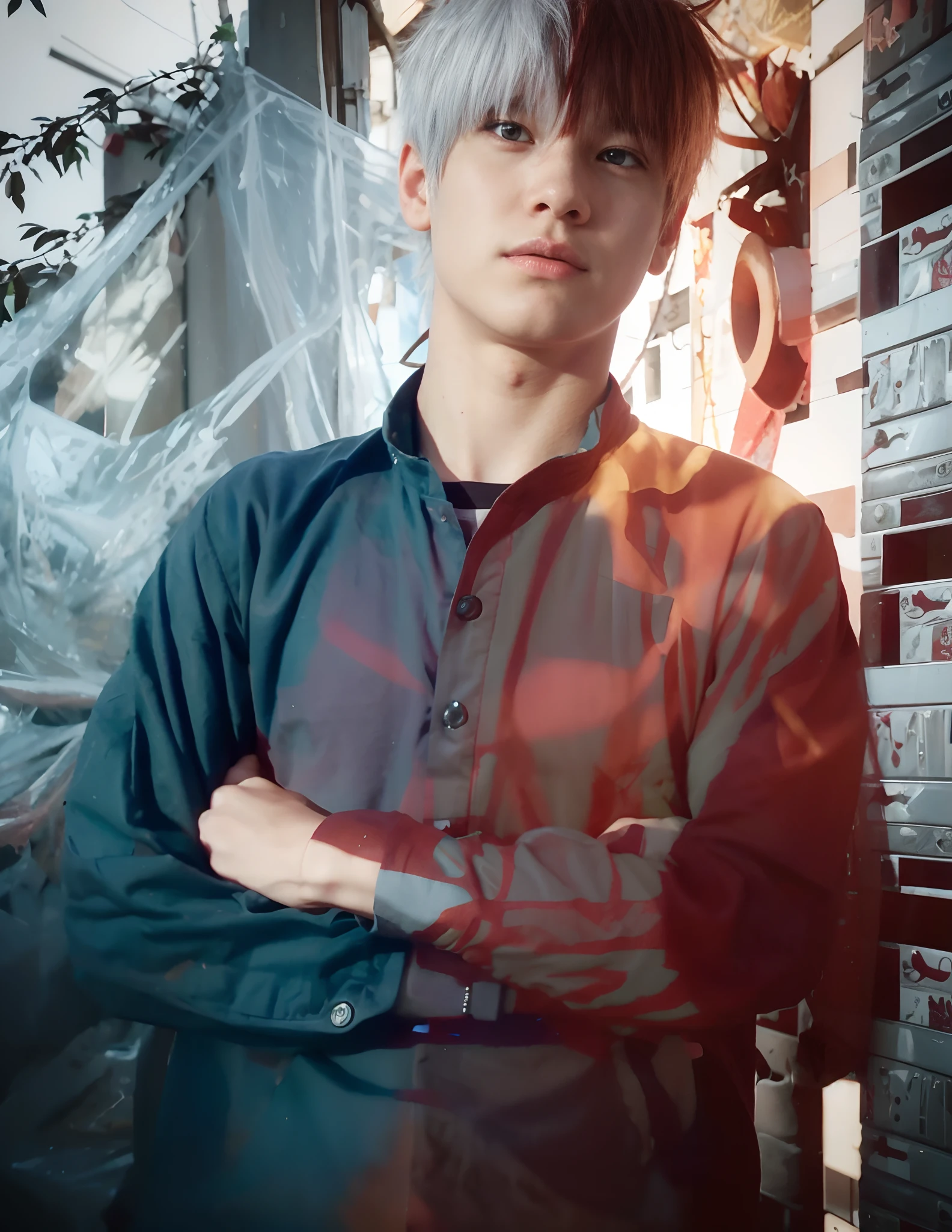 18 years old boy, Shoto Todoroki style, half cold half hot, short messy hair