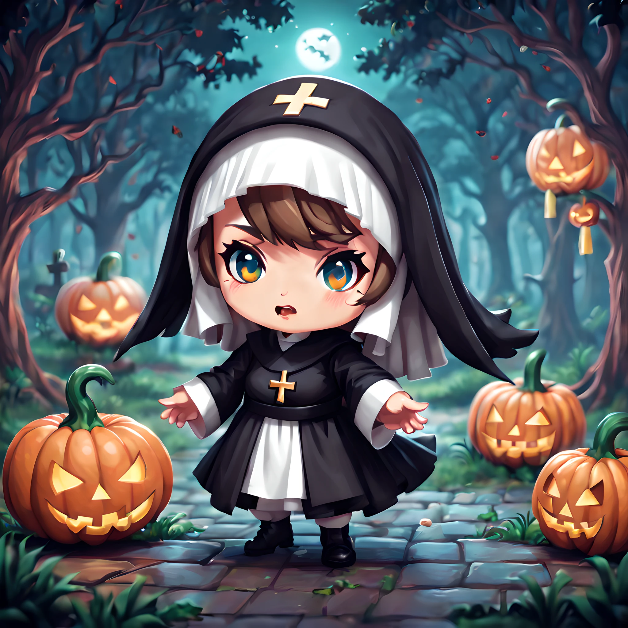 (Pixel art:1.5), (chibi emote:1.5), (chibi character:1.5), (halloween theme:1.5), (fantasy:1.5), (magical world:1.5), (fantastic halloween background:1.5), (halloween:1.5), (monsters:1.5), (halloween adventure:1.5), (nun:1.5),