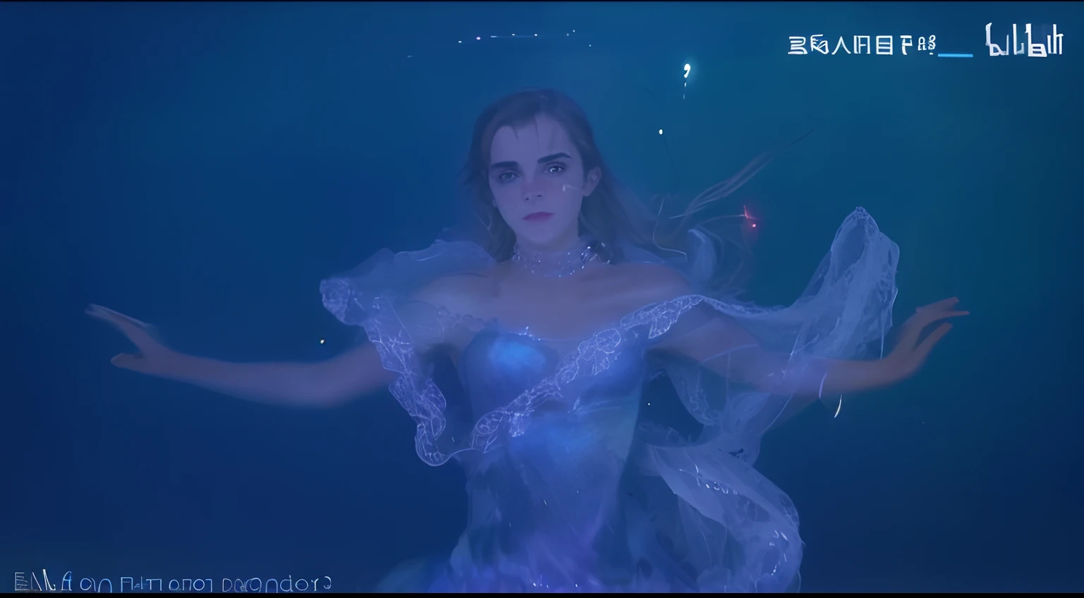 Emma Watson plays the goddess of the universe and floats in the universe weightlessly,Planet surrounding,The stars shine,The body parts are distorted by magical fantasies