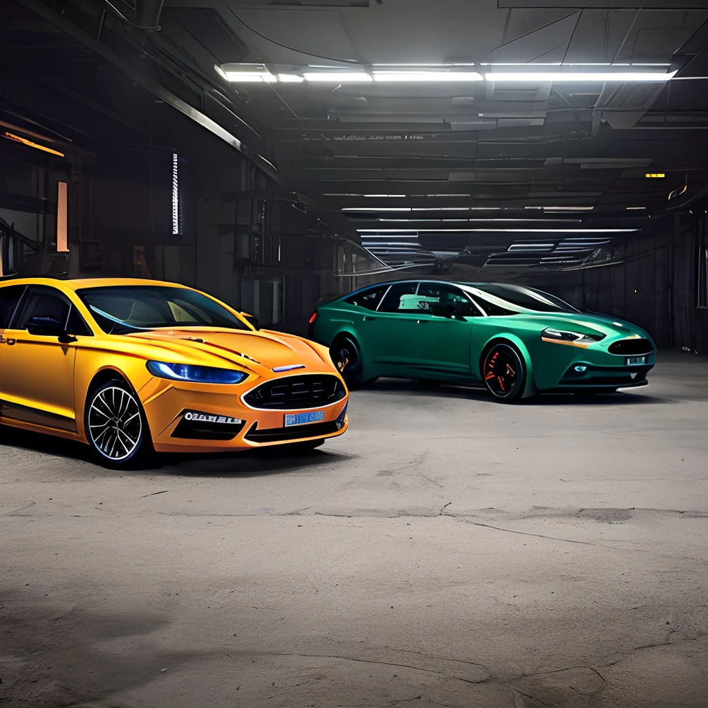 Generate a photo of a Ford Mondeo with an Aston Martin sports car in the background, an abandoned factory, HD cyberpunk style, real lighting, shot by Nikon D850