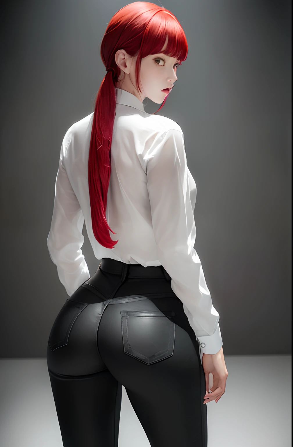 Meisterwerk, (fotorealistisch: 1,4), best qulaity, nice lighting, (ulzzang-6500:0,5), makima \(Kettensägenmann\), (rote Haare)+(langes geflochtenes Haar)+(Pony), gelbe Augen, goldene Augen , ((geringte Augen)), (white shirt), (Krawatte), RAW-Foto, 8k uhd, filmgrain, tight black jeans, from behind, looking at viewer
