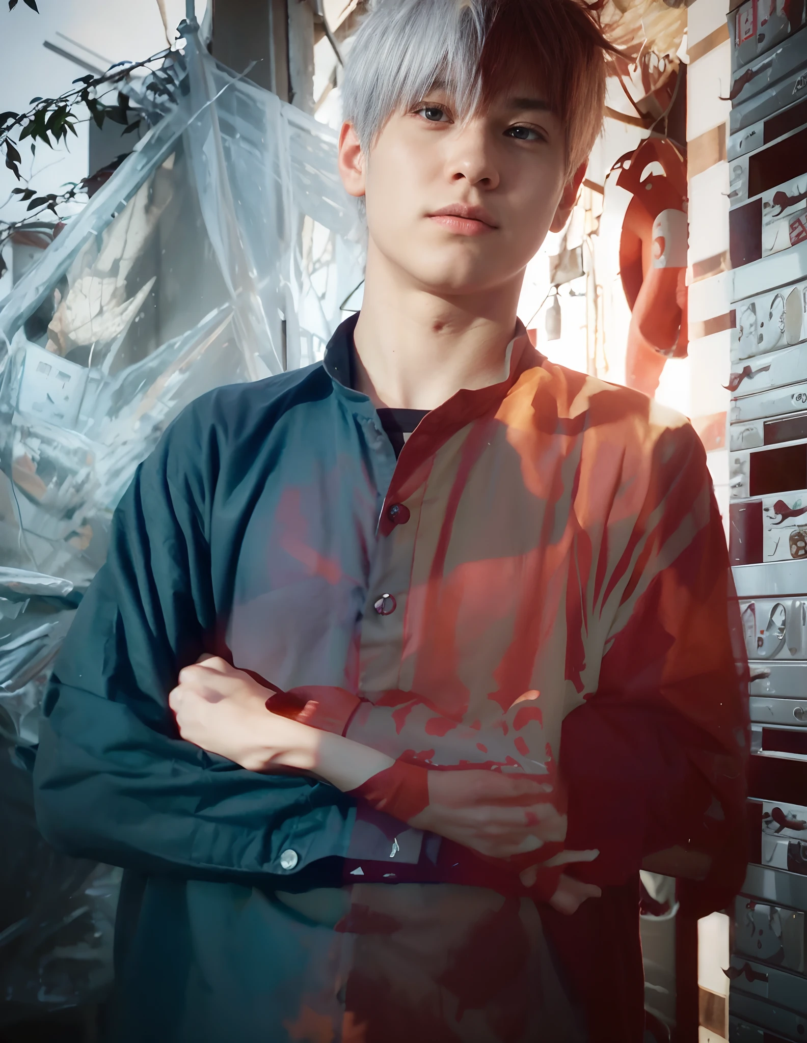 18 years old boy, Shoto Todoroki style, half cold half hot, short messy hair