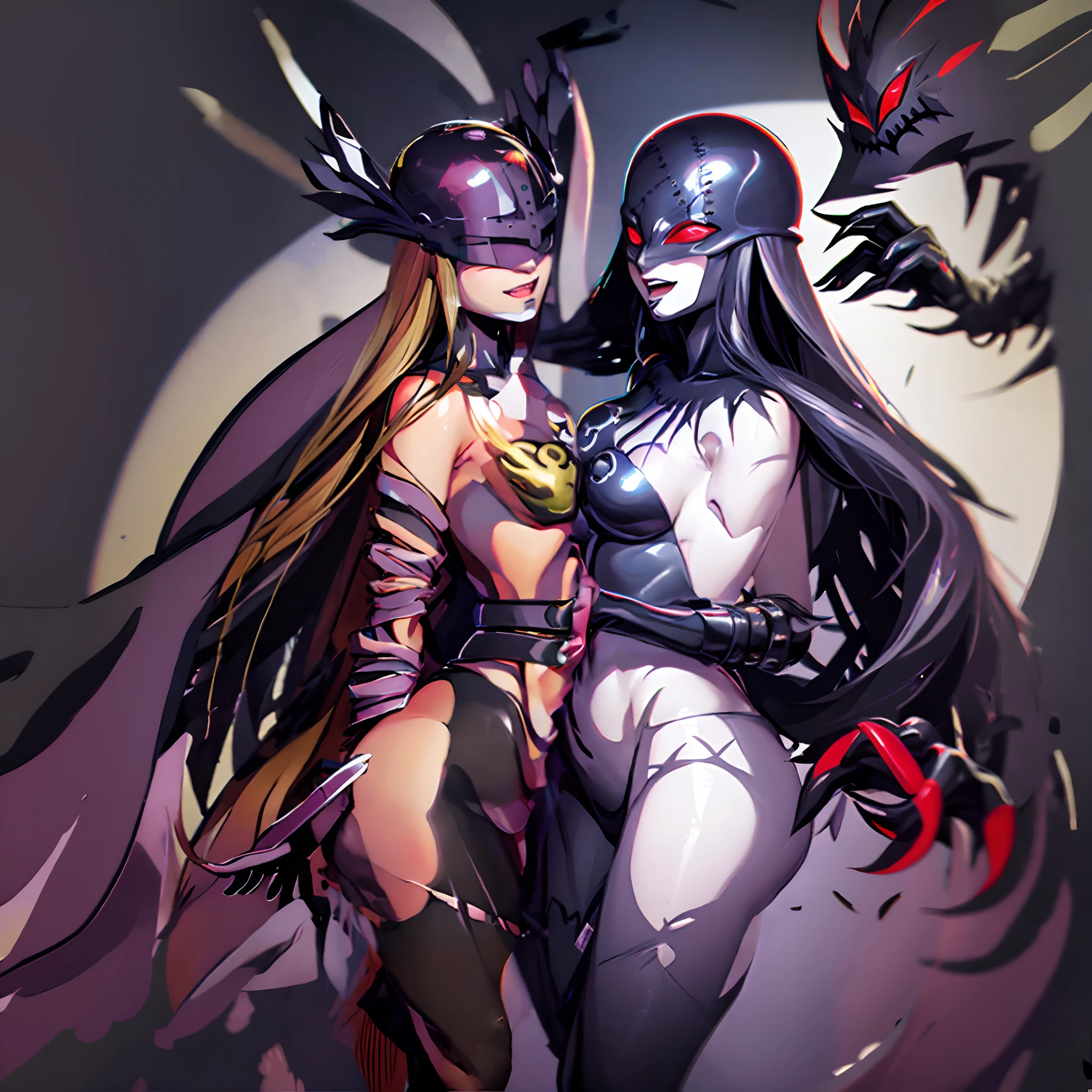 Angewomon and Ladydevimon. （hightquality）Intertwined bodies. Fall into Evil. dark.