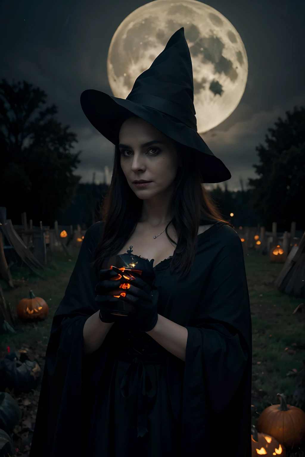 (best quality,4k,8k,highres,masterpiece:1.2),ultra-detailed,(realistic,photorealistic,photo-realistic:1.37),Halloween illustration,captivating scene,dark shadows,eerie atmosphere,pumpkin patch,haunted house,full moon,spooky trees,wicked witches,magic spells,candy-filled cauldron,flying bats,mysterious fog,creepy ghosts,Jack-o'-lantern,witch's broom,skeleton,black cats,witch hat and cloak,glowing eyes,ominous sky,ghoulish creatures,full of suspense,dimly lit paths,witches' brew,hauntingly beautiful,nighttime trick-or-treating,colorful costumes,bonfires,scary masks,haunted graveyard,witching hour,spiderwebs,carved pumpkins,witchcraft,enchanted forest,moonlit night,candy corn,horror movie vibes,spellbinding artistry