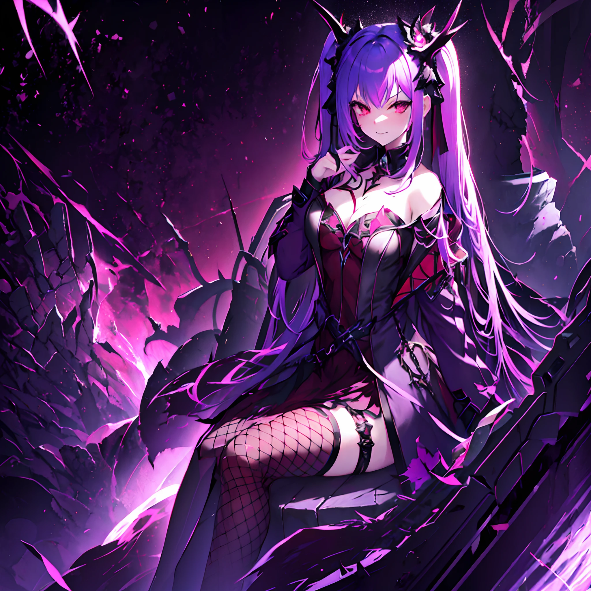 1 girl, solo, Uruha_Rushia, succubus wings, aberrant colours, necromancer coat, almost naked, light armour, torn black leg fishnets, skull hair accessory, cute headwear, red hair, long hair, let down hair, sparkling red eyes, smirk, sitting,crossed legs, sexy pose, alien-like graveyard in background