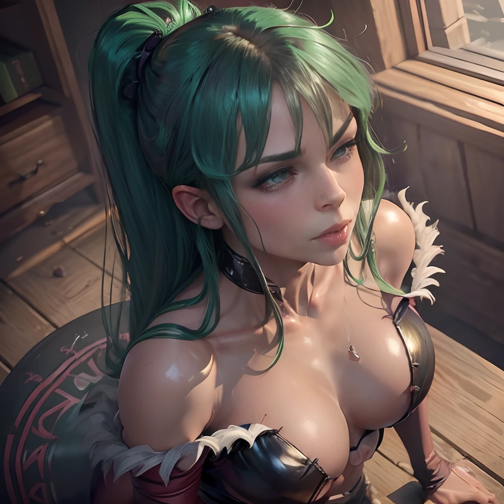 moaning (Morrigan Ensland:1.3), drenched, Green eyes. green long hair, shiny black leather bodysuit. beatiful face. Penis in the frame .(She vigorously sucks the orc's erect genitals). in office. Leakage from the genitals. IncrsHeadpatPOV, headpat, ass pov