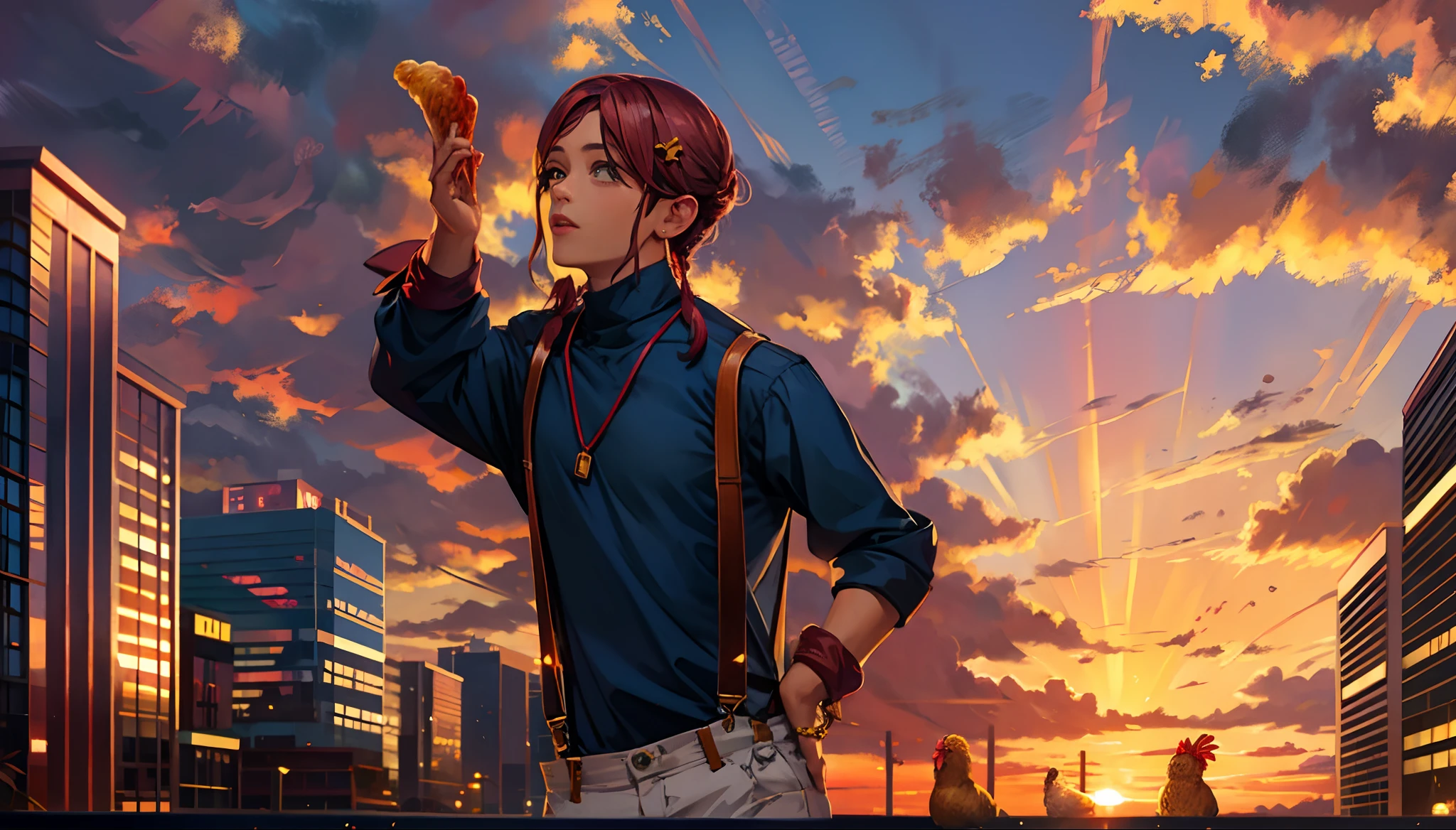 the sunset，eventide，middle parted hairstyle，Suspenders，Chicken feet