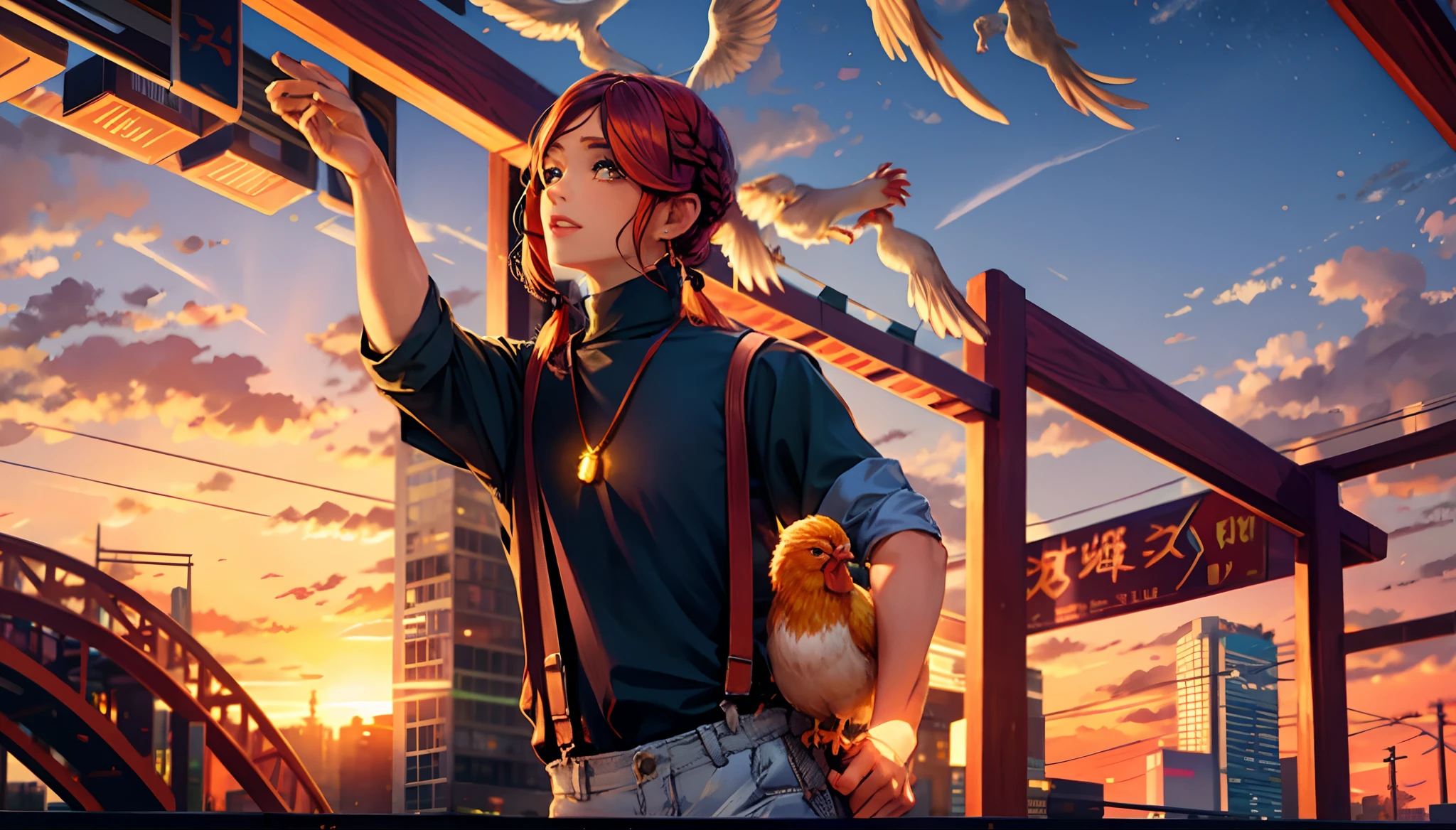 the sunset,eventide,middle parted hairstyle,Suspenders,Chicken feet