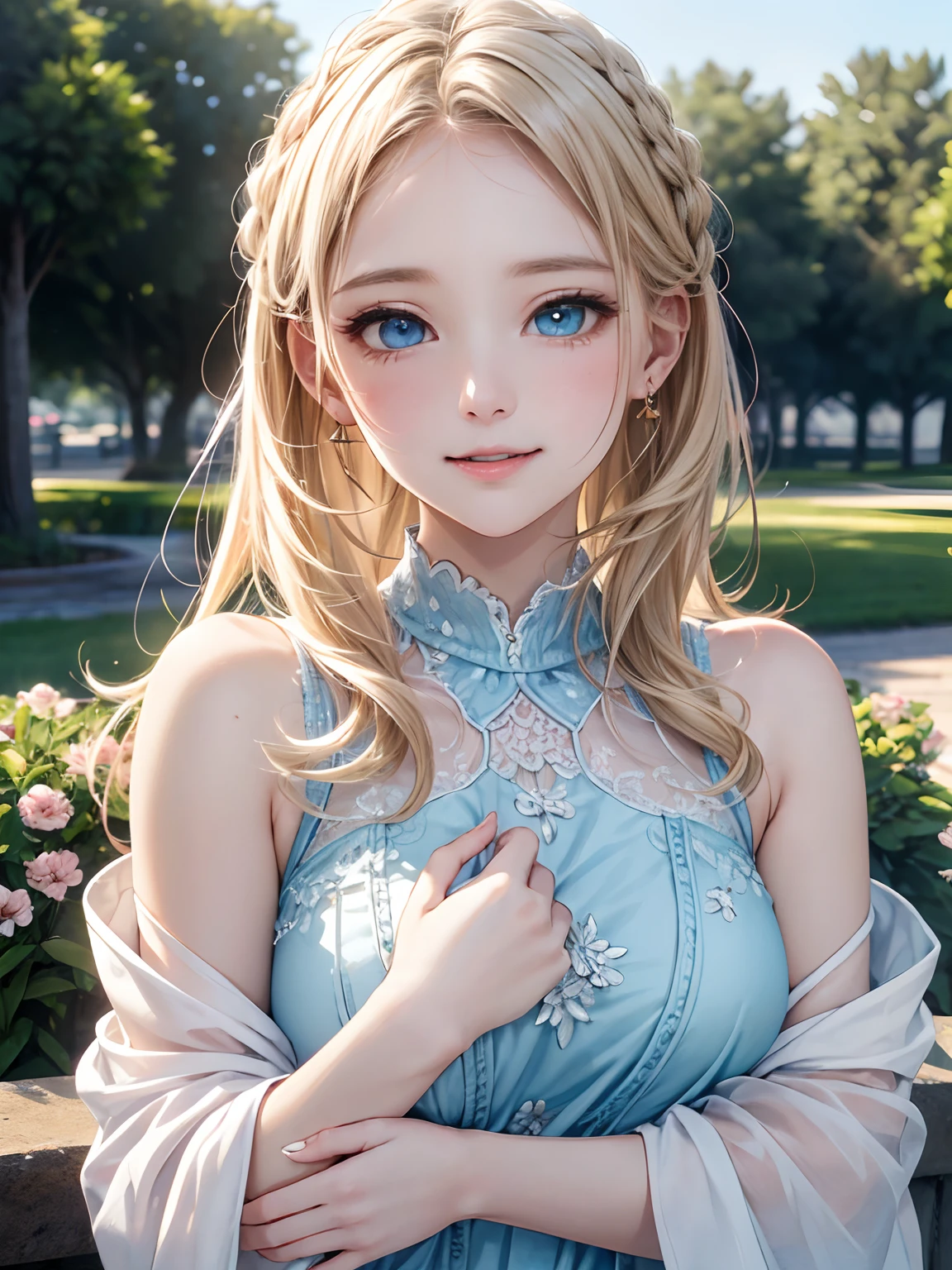 Blonde woman posing for photo with braided hair and blue dress, Soft portrait shot 8 K, very beautiful elven top model, 🌺 CGSesociety, Guviz-style artwork, trending on cgstation, monia merlo, Gold and blue braided eyes, young goddess, cabellos largos dorados, a stunning young ethereal figure, Beautiful teenage girl, blond-haired princess