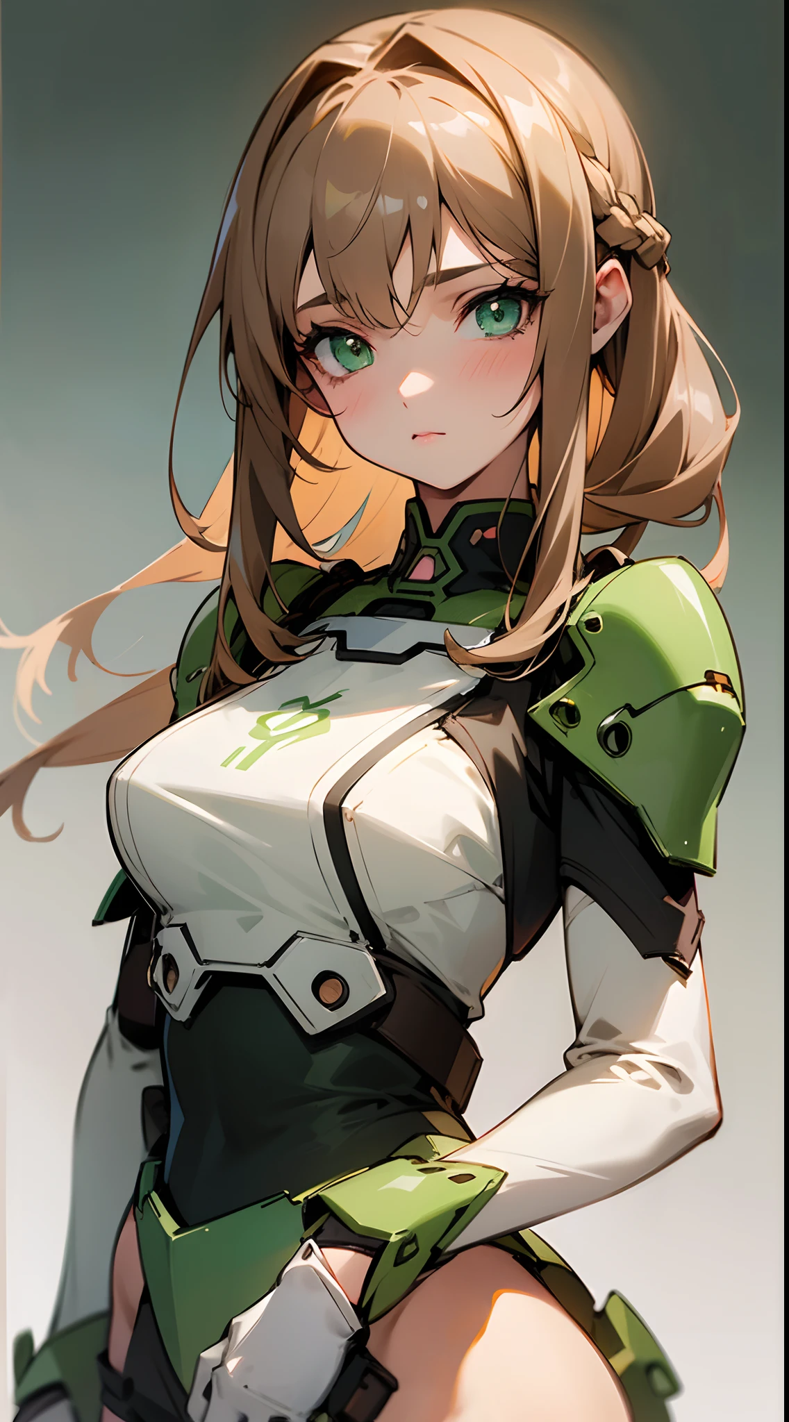 Beautiful girl , green eyes , light brown hair , thick eyelashes, bow in hair , age 24

(masterpiece, best quality )detailed, 1Character ,  pastel washed out colors , cell shade , soft, muted shades ,gentle colors , 

Wearing a mix of sword art online and futuristic style clothes ,