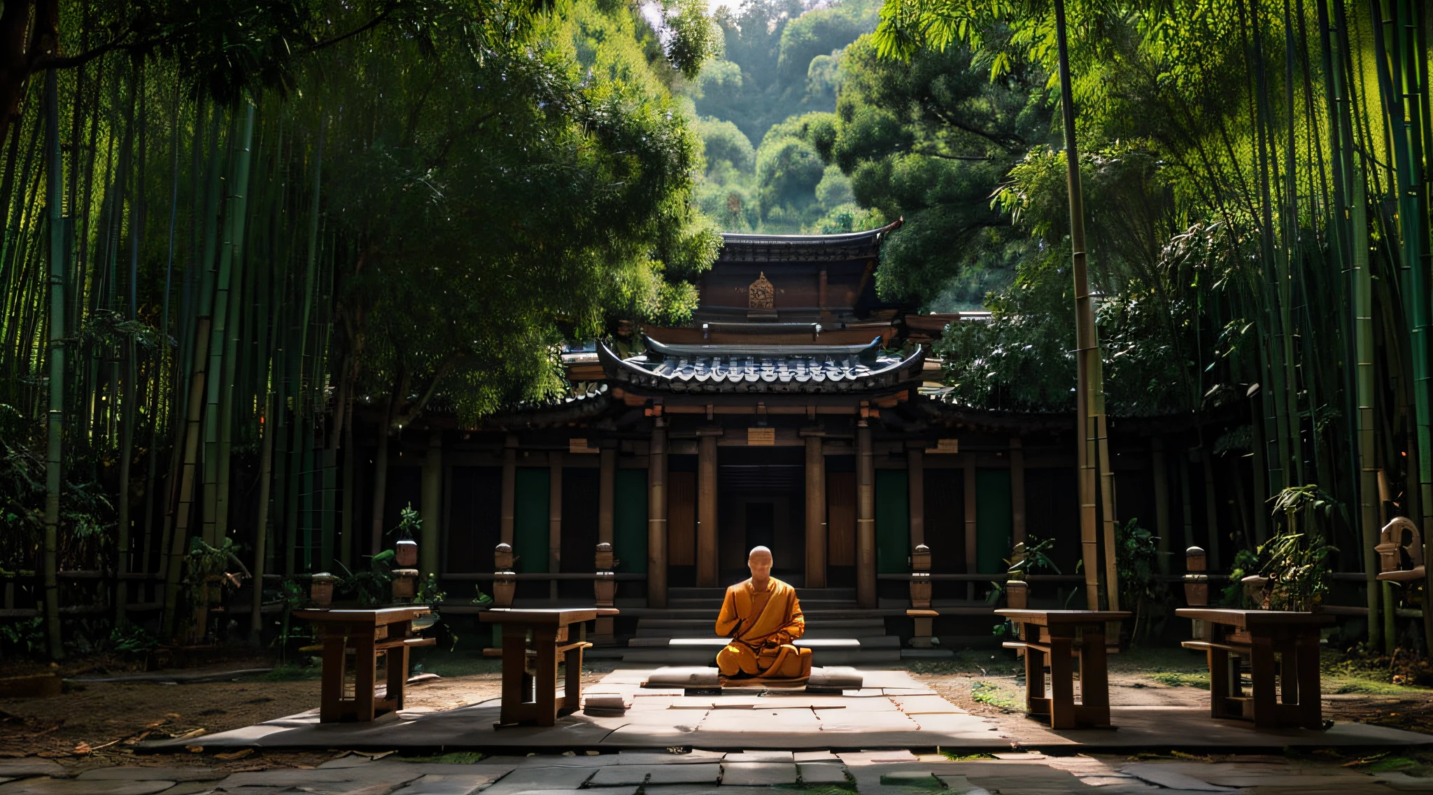 monk,temple,symmetrical composition,The monk sits in the middle,Monk Bag,The monk is facing a bamboo forest.,raining,The monk sits on a futon