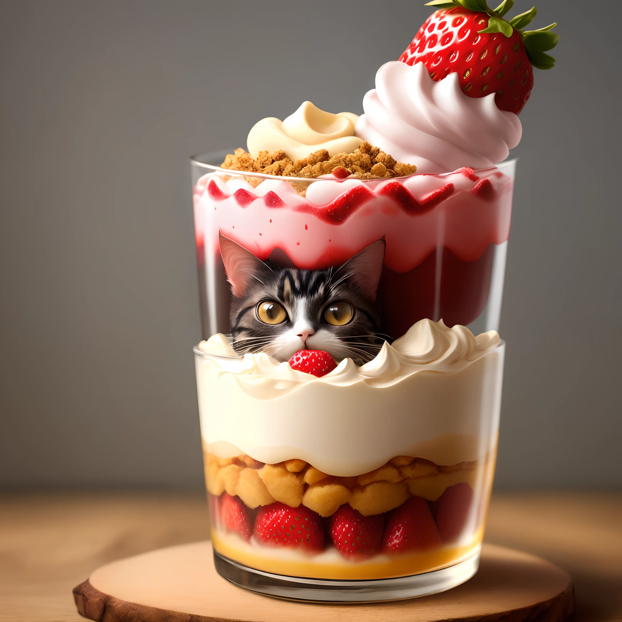 Chibilori cat sticking its head out of the strawberry parfait