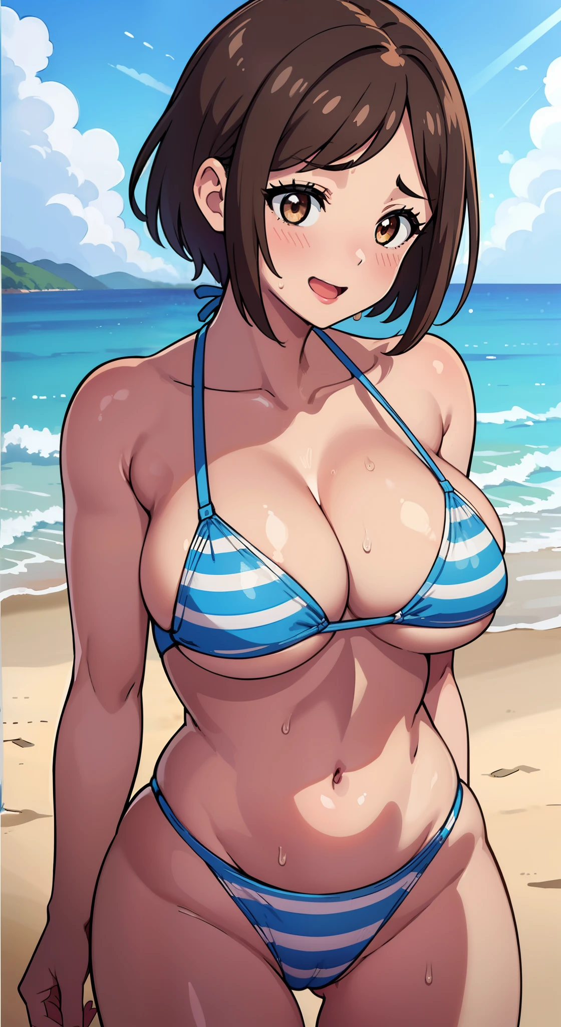 (a closeup、16 K、top-quality、high detailing、rich skin detail、nffsw)、(NSFW)、Watch everywhere、obedience、a matural female、:D、Surprised、Wavy mouth、Sweat、((very Bigger breasts))、Parted bangs、((Blue Stripe Bikini))、A MILF、brown haired、Brown-eyed、(short-hair)、(Forehead)、blushed、(((big butts)))、(thick thighs)、Armpit、(from behind)、Cowboy Shot、(Looking away)、the beach