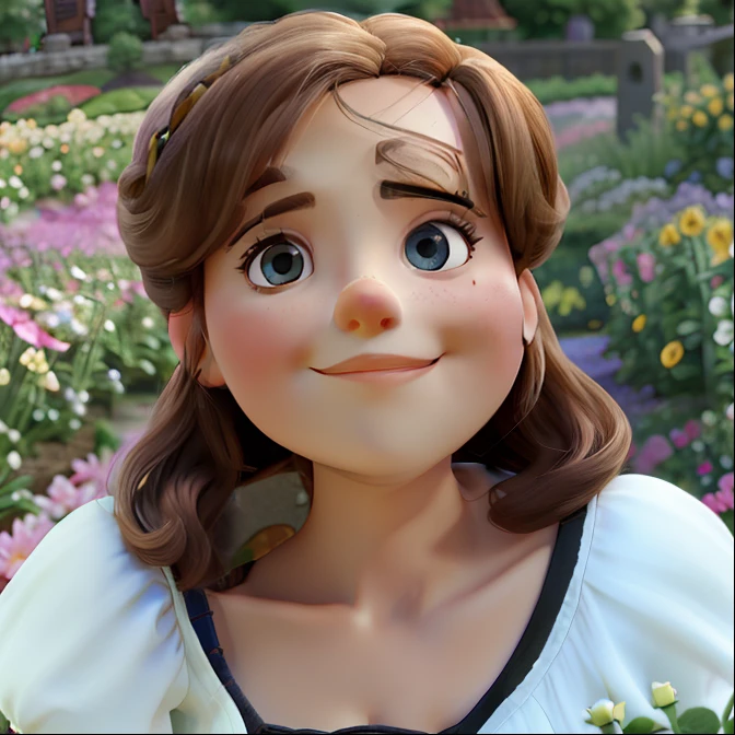 A young looking lady at her 55 years old wise sitting in a flower garden, Illuminated by the light of a beautiful sunny morning, Against the backdrop of a square with a lovely church