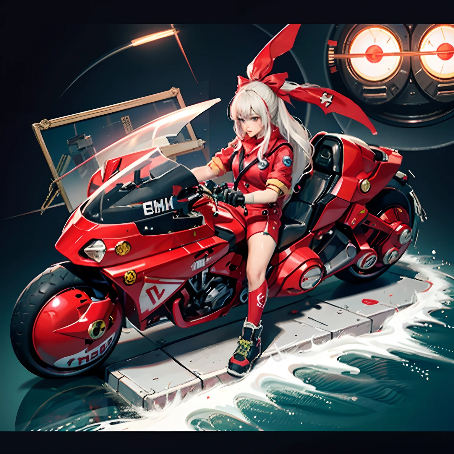 Official art, Unity 8k Wallpapers, ultra-detailliert, Beautiful and aesthetic, ​masterpiece, top-quality, realisitic, banya, red blush, length hair, white  hair, striated hair, Red Neon Eye, Hair Bow, Mole under the eyes, Red Akira Bike, Riding Bicycles, natta, Cyberpunk City View, Spectacular screen, 校服,neon color，Rin々Nice Lori，Cute Lori，bow ribbon，A detailed face，Detailed mech，from the rear