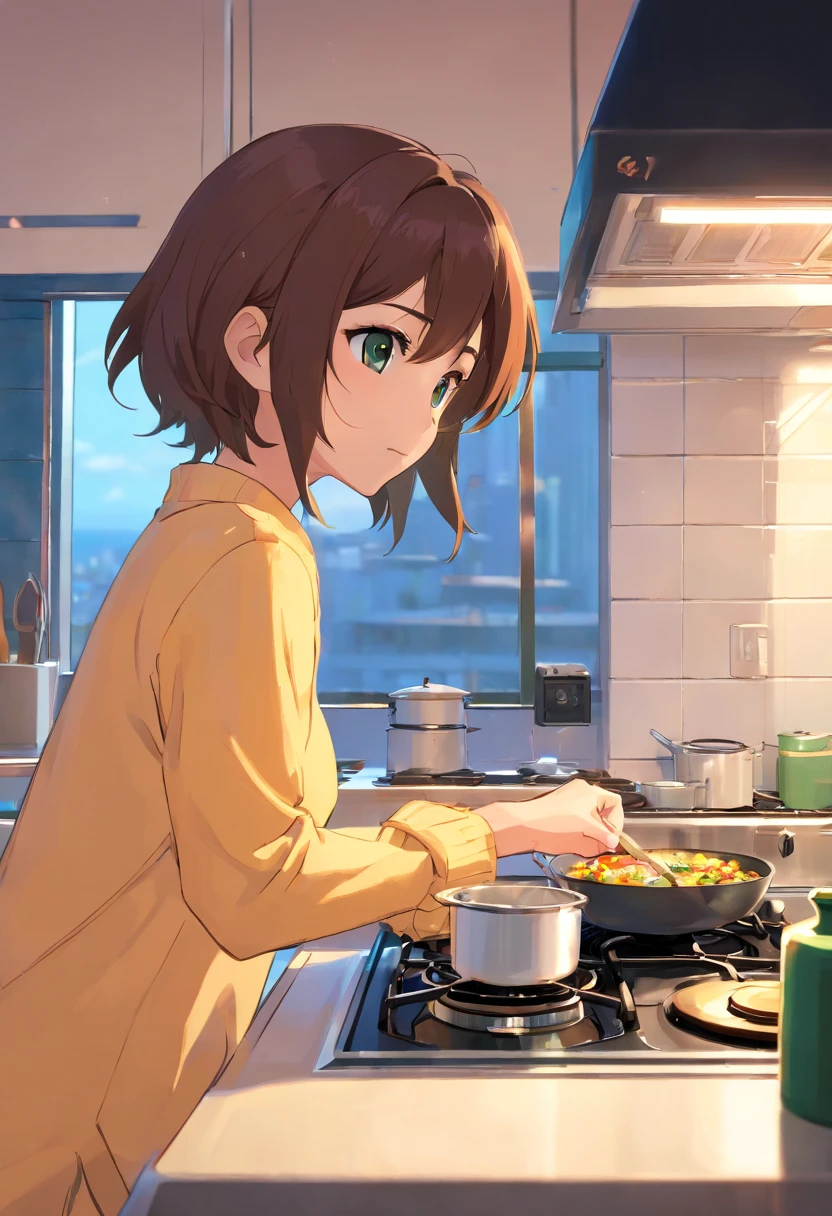 In the bright kitchen,(NOhumans:1.8),(In the middle is the cooktop:1.4),(tap:1.2),cupboard, a range hood,Super detail, High details, High quality