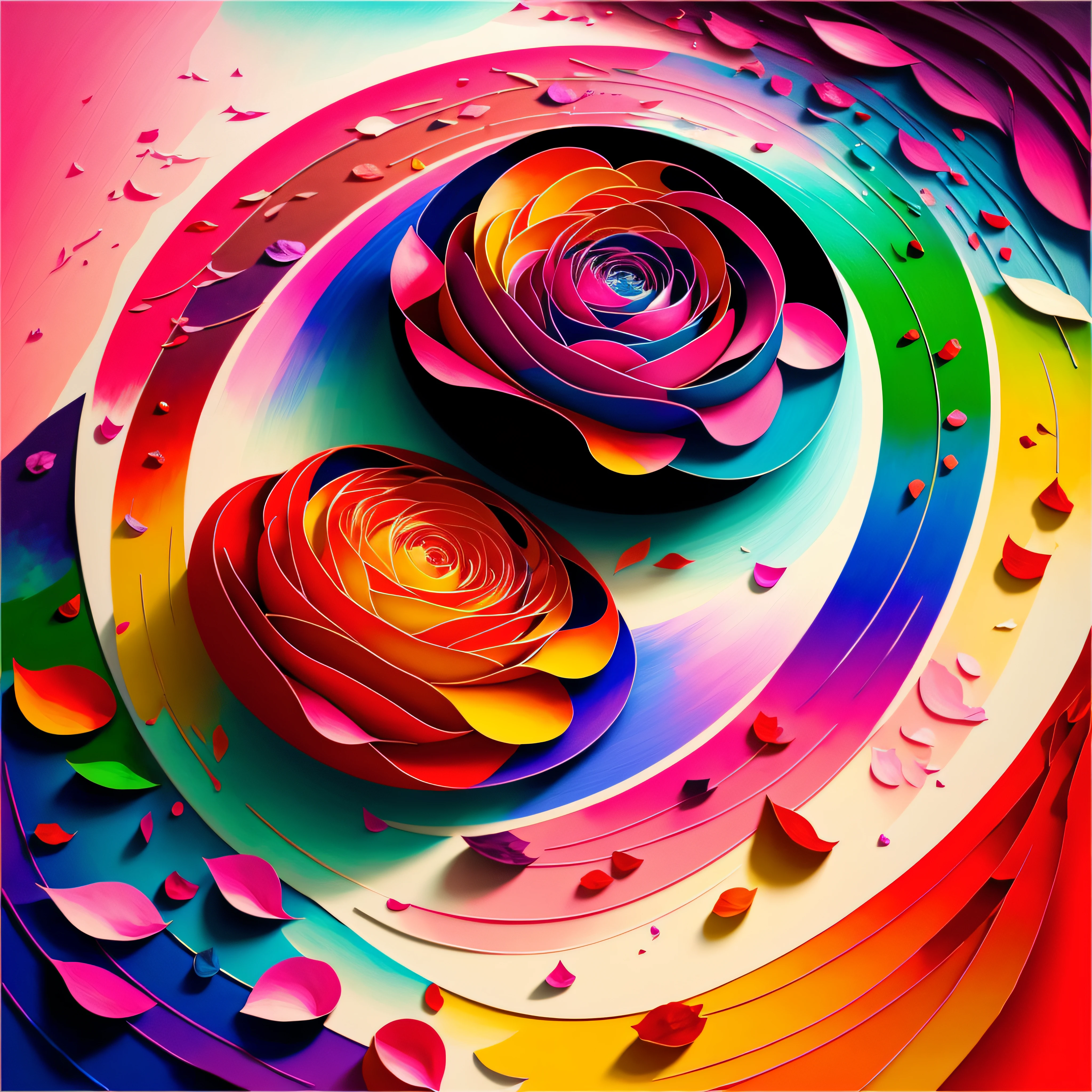 Radiant creations of rose petals, with multicolored cylindrical spheres, with recycled paper, art painting, with brushstrokes of abstract color, with splashes of multicolored paint, Creative art