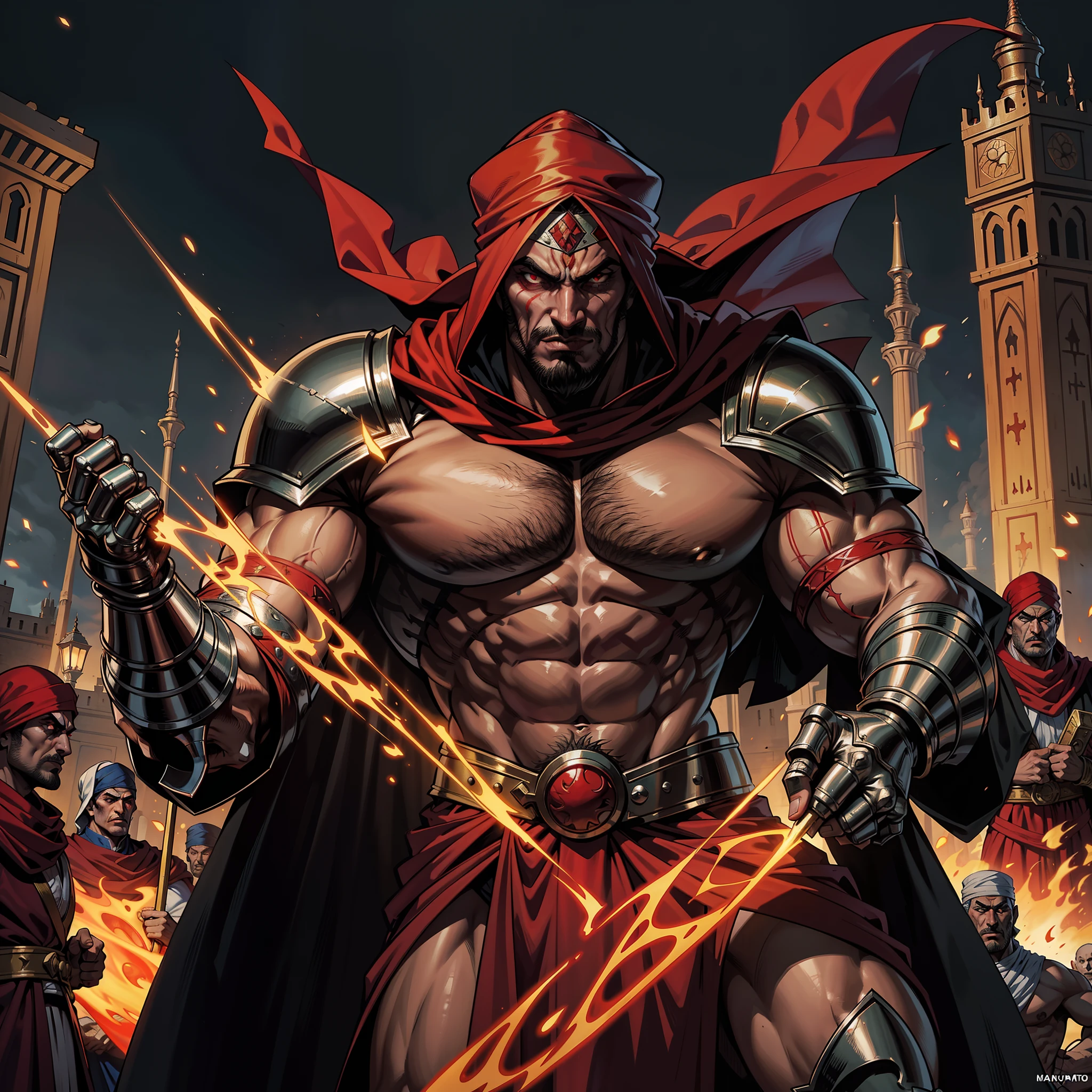 Red body,Blue hood,Slender and huge muscles,armor,Ready your spear,bulging muscles,Evil atmosphere,Huge penisest quality,Meticulously detailed,masterpiece,Award-winning works,Devil's Wings
