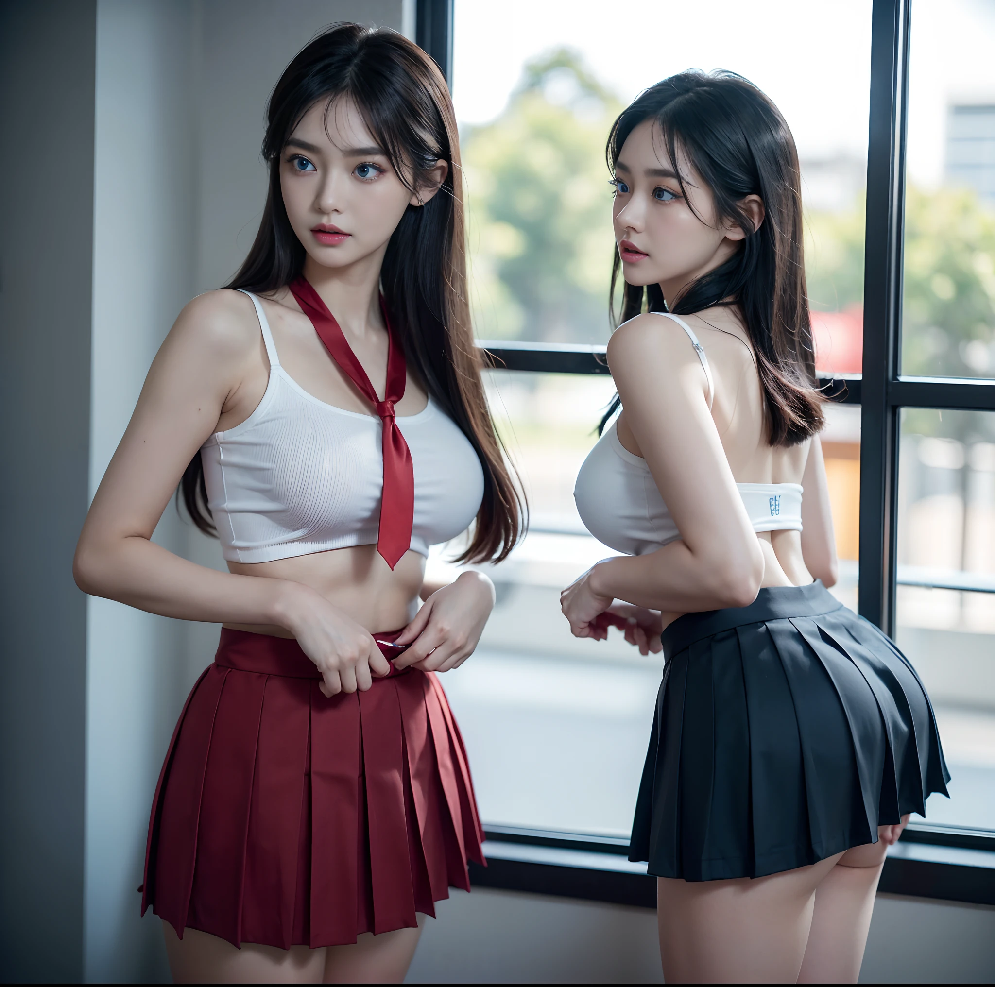 top-quality, 4K picture quality, masterpiece, Professional lighting without shadows, A hyper-realistic, perfect anatomia, Two girls, ( with perfect body、Colossal breasts with tension:1.3), Bright and even whitening skin without wrinkles and steps, (Reflects a lot of light with bright and beautiful blue eyes with long eyelashes and plump red tear bags:1.4)、 Cute hairstyles, (Their costumes are:、Dress up the ultra-thin fabric tight-fitting school girl uniform with a super short super mini pleated skirt:1.3), (Proudly showing off the intricate design around the neck and the crimson ribbon tie from the front:1.2), (Another girl on the other side、To beautifully emphasize the proud big buttocks、- Bare big butt from directly behind:1.5), (Bewitching expression with sleepy half-eyes),