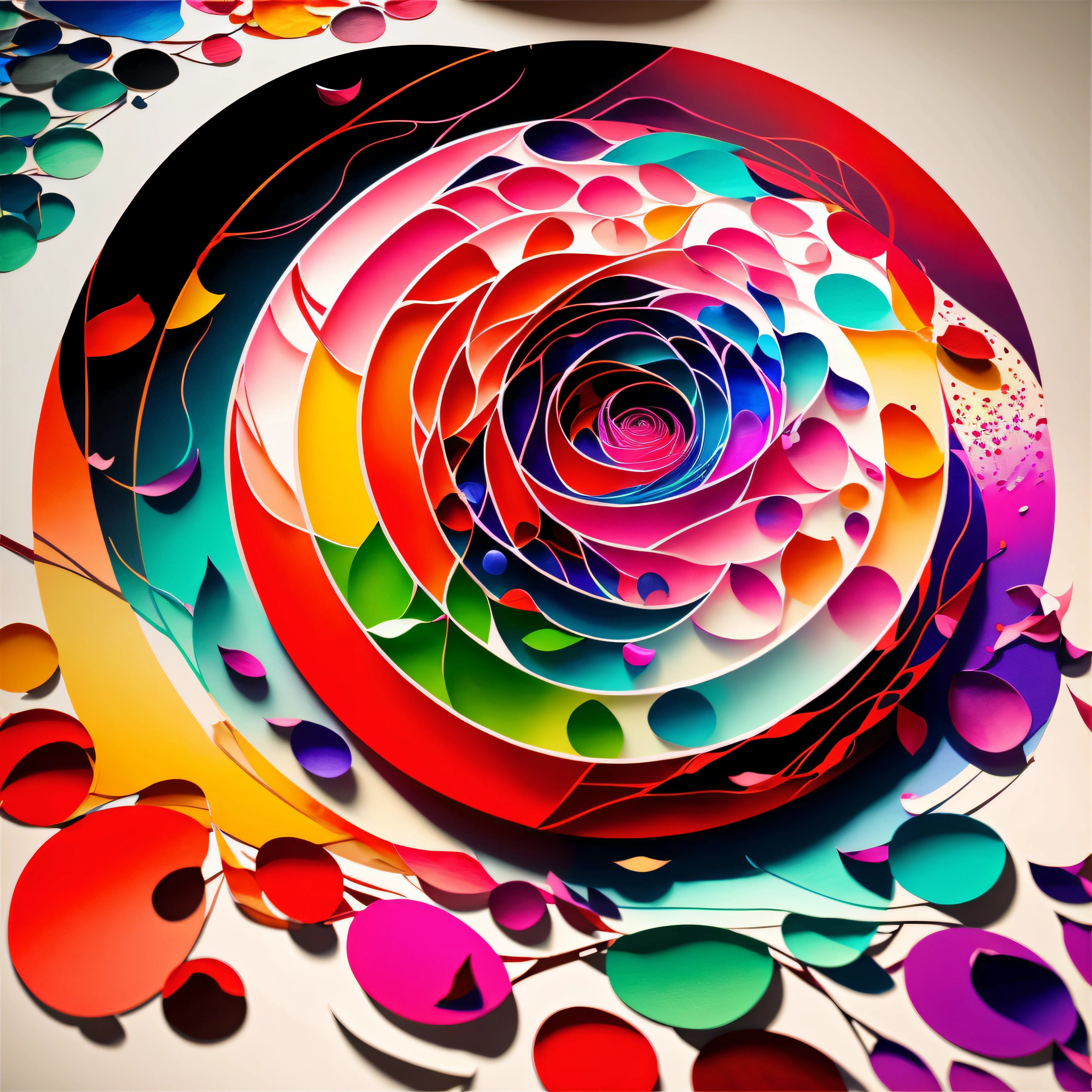 Radiant creations of rose petals, with multicolored cylindrical spheres, with recycled paper, art painting, with brushstrokes of abstract color, with splashes of multicolored paint, Creative art