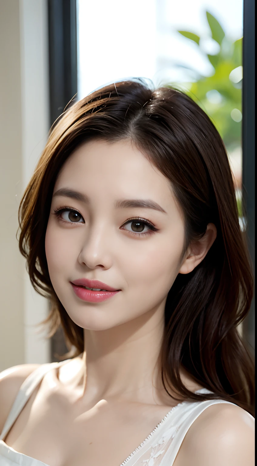 ((Angelina Sole)),((top-quality, 8K, ​masterpiece : 1.3)), foco nítido : 1.2, Beautiful Women in Perfect Figure : 1.4, Slim abs : 1.2, ((dark brown  hair)), (Natural lighting, Parisian café scene 、sunlights、window: 1.1), Very detailed face and skin texture, Detailed eyes, 二重まぶた、((40 year old:1.3))、Thick lip、lipgloss、eye make up　show teeth