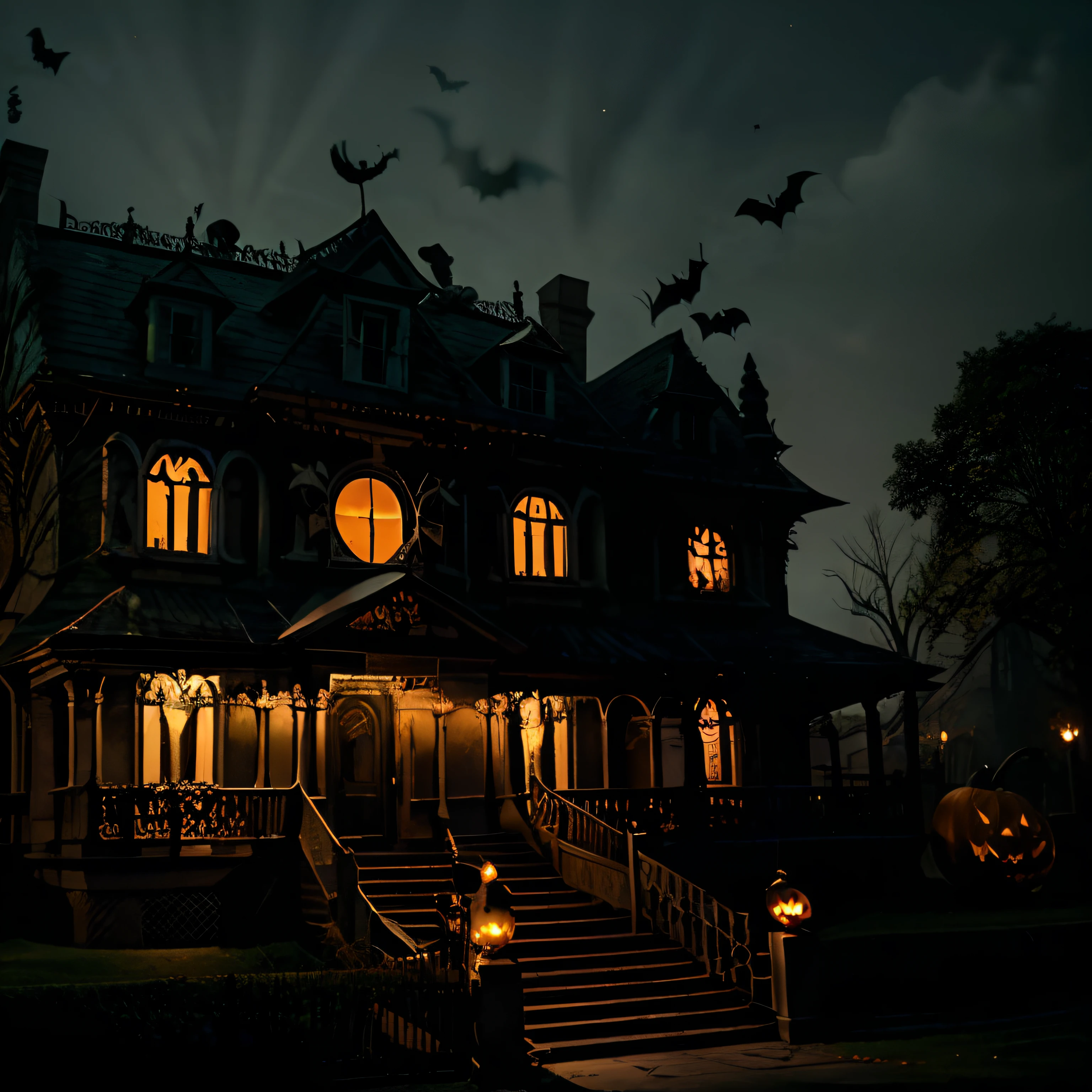 (masterpiece:1.2), (haunted mansion:1.1), (poltergeist:1.2), (halloween:1.3), dark, scary, eerie, (pumpkin:1.2), lantern, bats, lamp, stairs, windows