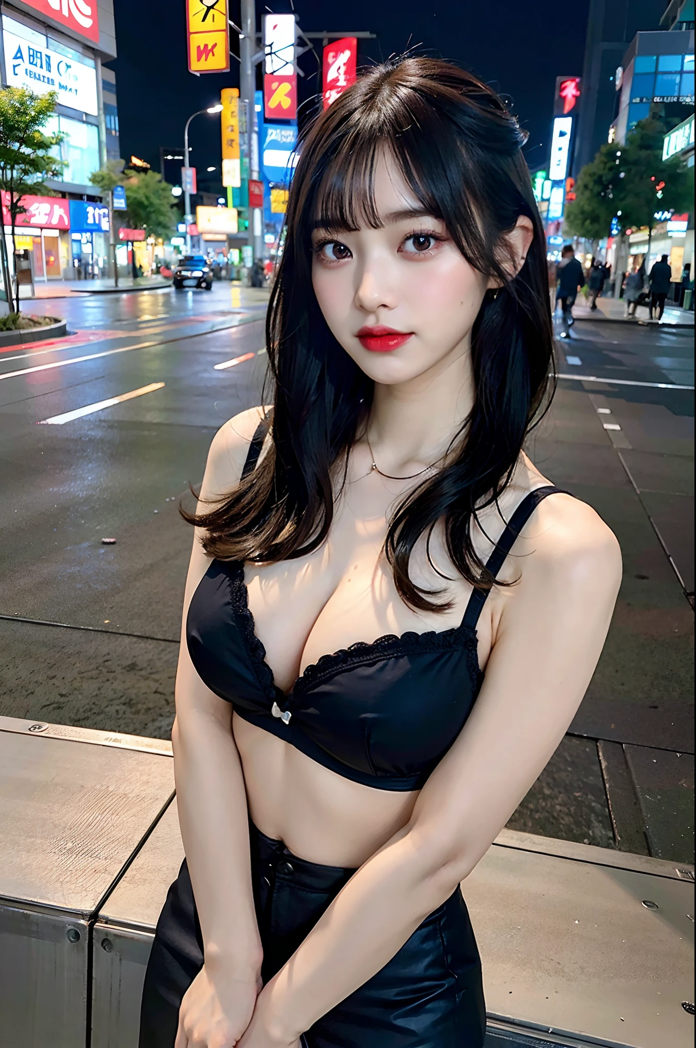 (8k, RAW photos, highest quality, masterpiece: 1.7). (Realistic, Photorealistic: 1.9). 1 girl. Japanese. Woman. Tokyo's cityscape. Night. Professional lighting. Photon mapping. Radio City. Big tits. See-through shirt. The tips of the are sticking out. Areola protruding. The shape of the pubic area is clearly visible. Gal. Lots of lashes. Pure black eyeshadow. Pitch black lip. Pitch black heels. Pubic hair. The lower abdomen bristles. Slender. The crotch is open. My are big and are about to spill out of my bra. Very much pubic hair. Pubic hair protrudes very much.