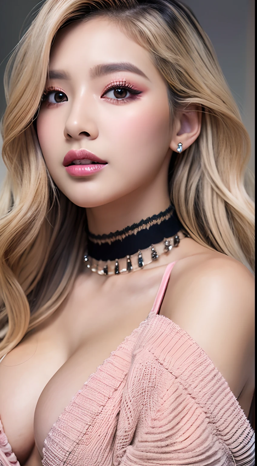 (masterpiece), best quality, expressive detailed eyes, makeup, dark skin, short messy blonde hair, choker, cardigan, top, large breasts, gyaru, pink blush, long eyelashes, mascara