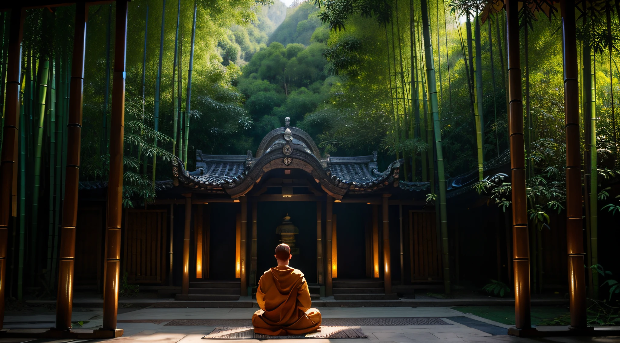 monk，temple，symmetrical composition，The monk sits in the middle，Monk Bag，The monk is facing a bamboo forest.，raining，The monk sits on a futon