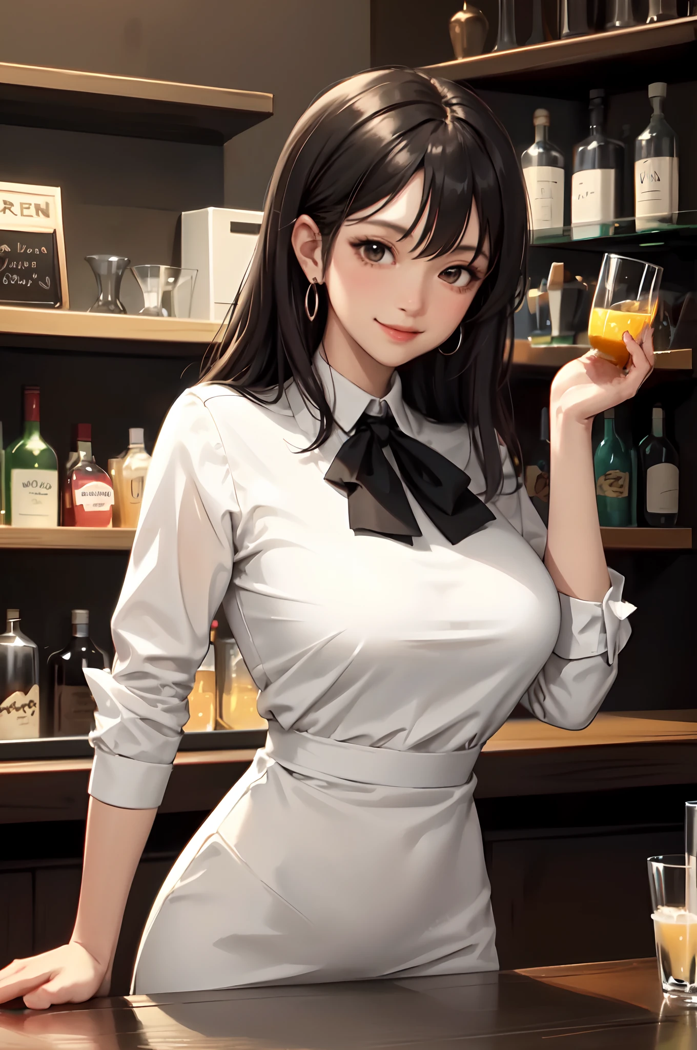 1lady solo standing, bartender /(formal outfit/), mature female, /(black hair/) bangs, kind smile, (masterpiece best quality:1.2) delicate illustration ultra-detailed, large breasts BREAK /(bar counter/) /(shot glasses/) indoors, night, detailed background