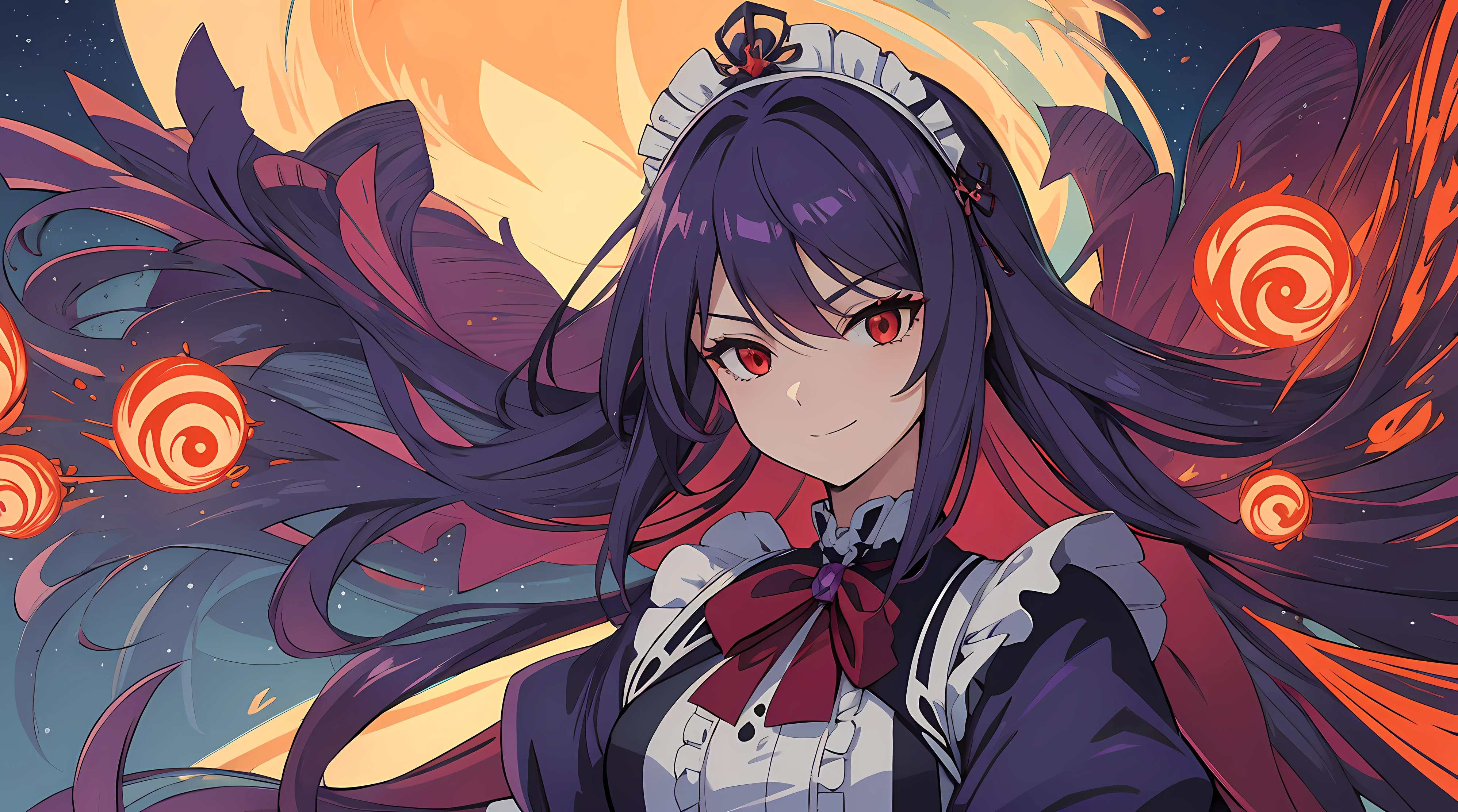 Very detailed illustration of an adult woman with ((long purple hair)), maid-like headdress, victorian ruffled dress in blue, smirk, ((red eyes)), dangerous looking, zoomed, japanese village environment, tetradic colors, cartoon, xenoblade chronicles merged with genshin impact, MSchiffer, fantasy, cartoonish vector, anime, manga, tetradic colors, (cel-shaded) flat coloring, night