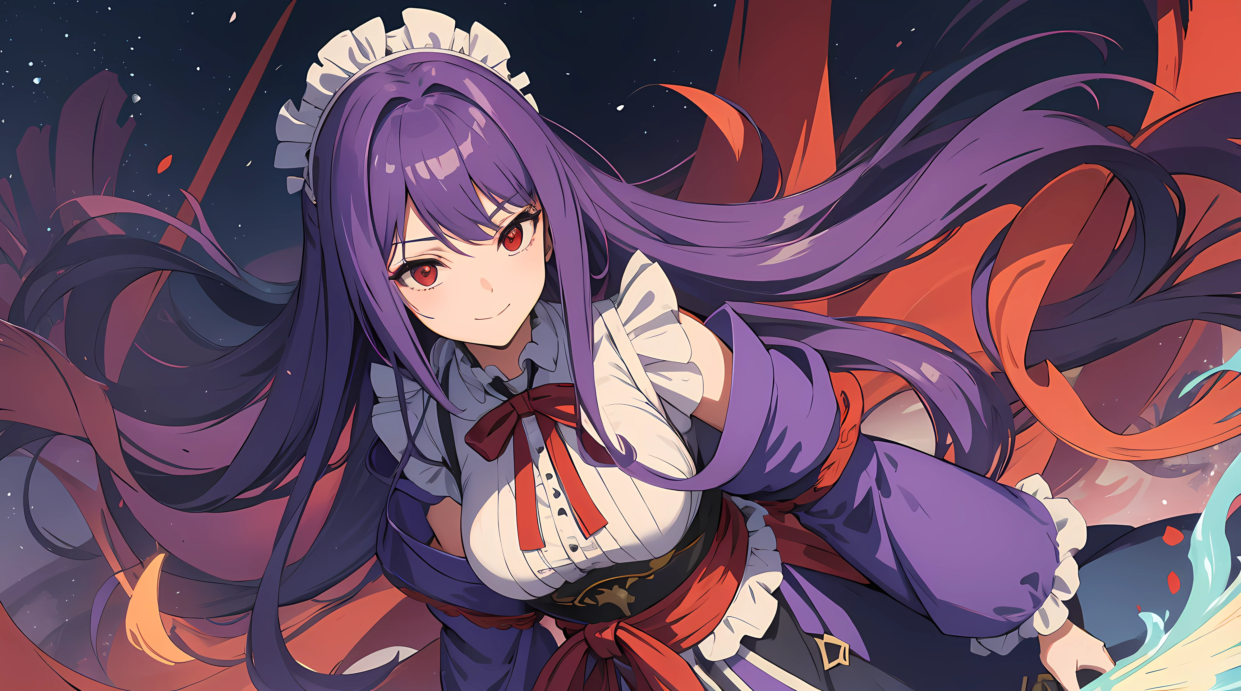 Very detailed illustration of an adult woman with ((long purple hair)), maid-like headdress, victorian ruffled dress in blue, smirk, ((red eyes)), dangerous looking, zoomed, japanese village environment, tetradic colors, cartoon, xenoblade chronicles merged with genshin impact, MSchiffer, fantasy, cartoonish vector, anime, manga, tetradic colors, (cel-shaded) flat coloring, night