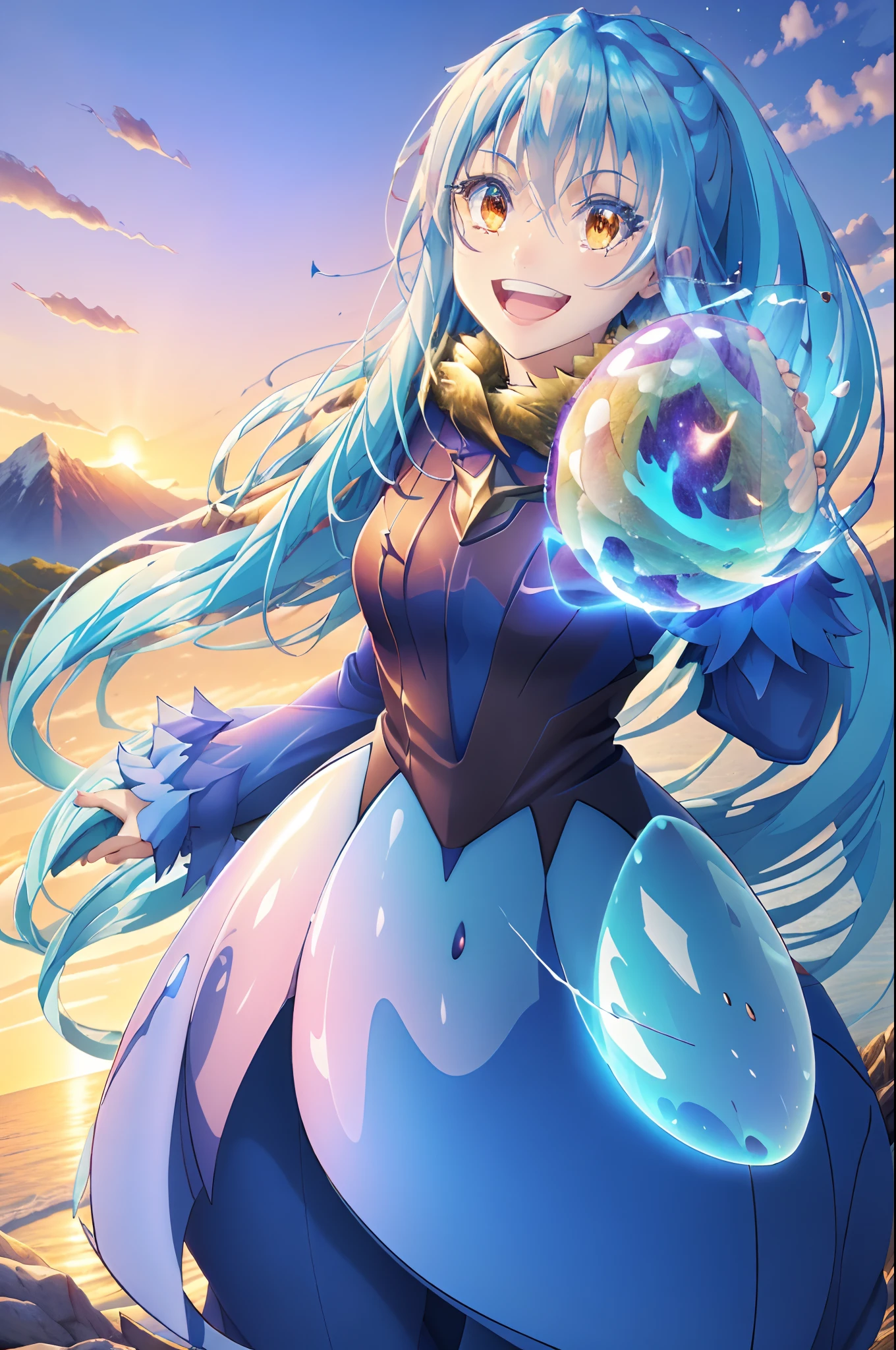 (a)Rimuru Tempest,(best quality,4k,8k,highres,masterpiece:1.2),ultra-detailed,(realistic,photorealistic,photo-realistic:1.37),anime,portraits,blueish color palette,soft lighting,slime monster,hero transformation,golden eyes,sharp focus,sparkling aura,cloak flowing in the wind,extraordinary power,horn-like crystals emerging from the head,friendly smile,peaceful expressions,majestic background scenery,magical spells,action-packed,crystal-clear water reflections,ethereal glow,vivid colors,beautiful landscape,dragon companion,trusted allies,magical kingdom,courageous adventures,nature elements blending with fantasy world,mystical creatures,dynamic poses,lush greenery,breathtaking mountain range,serene atmosphere,blissful harmony,nurturing environment,thrilling battles,emotional depth,endearing relationships.