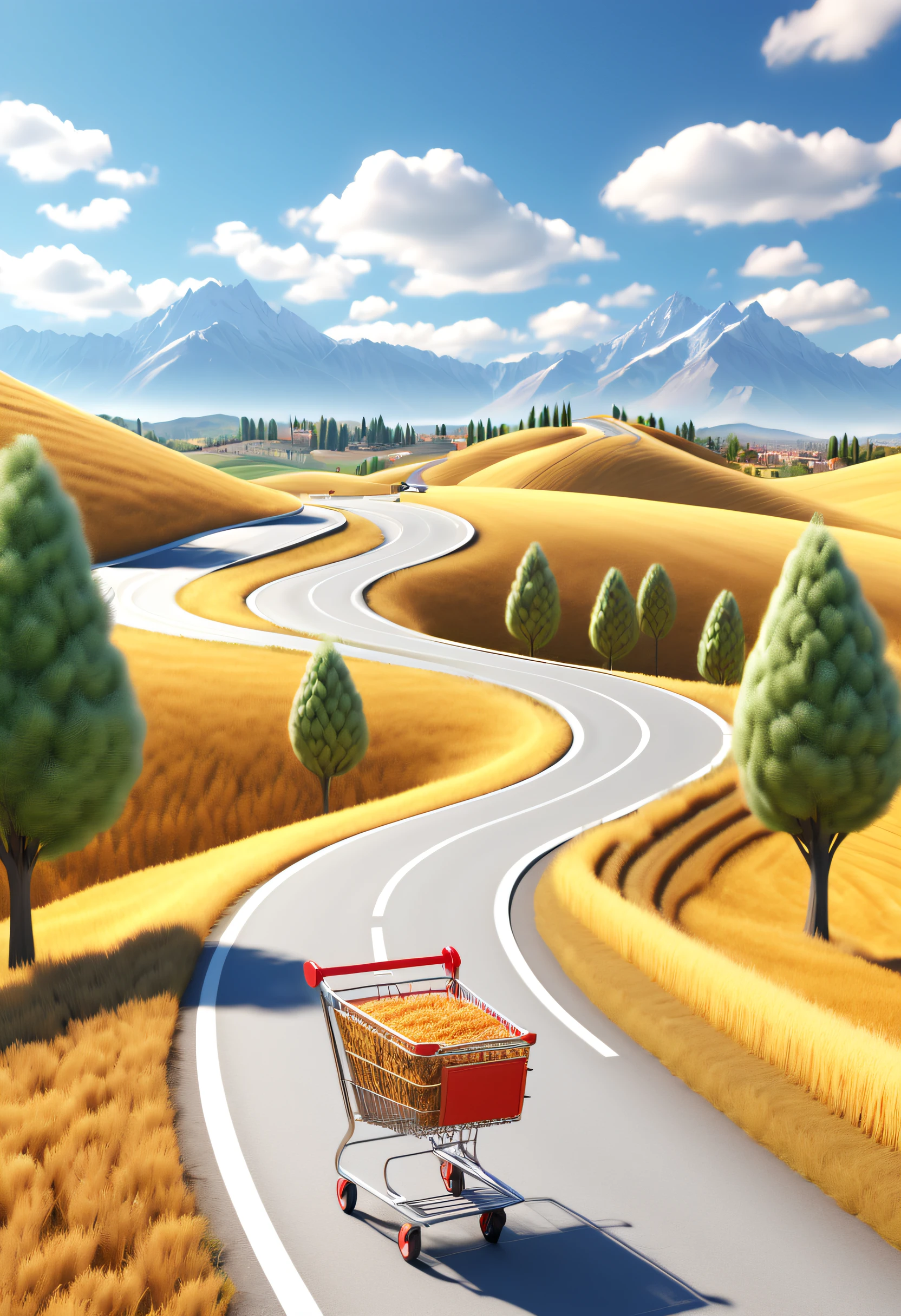 Autumn c4d scene, with winding roads, shopping carts available on the roads, wheat fields and trees on the roads, mountains in the distance, blue sky and white clouds in the background, OC renderer, high-definition, 8k,