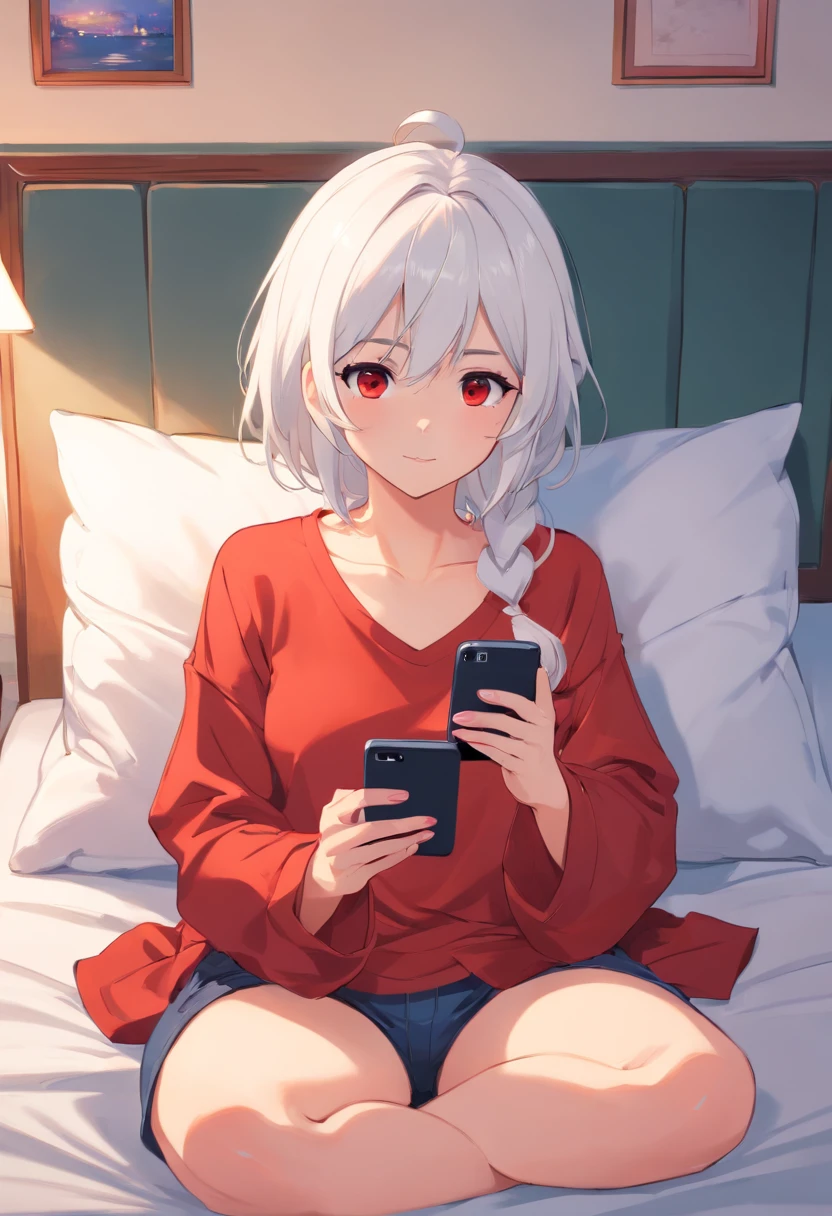 Girl with white hair and red pupils,Wear cartoon long sleeves and long pants, Sitting on the bed and playing with your phone