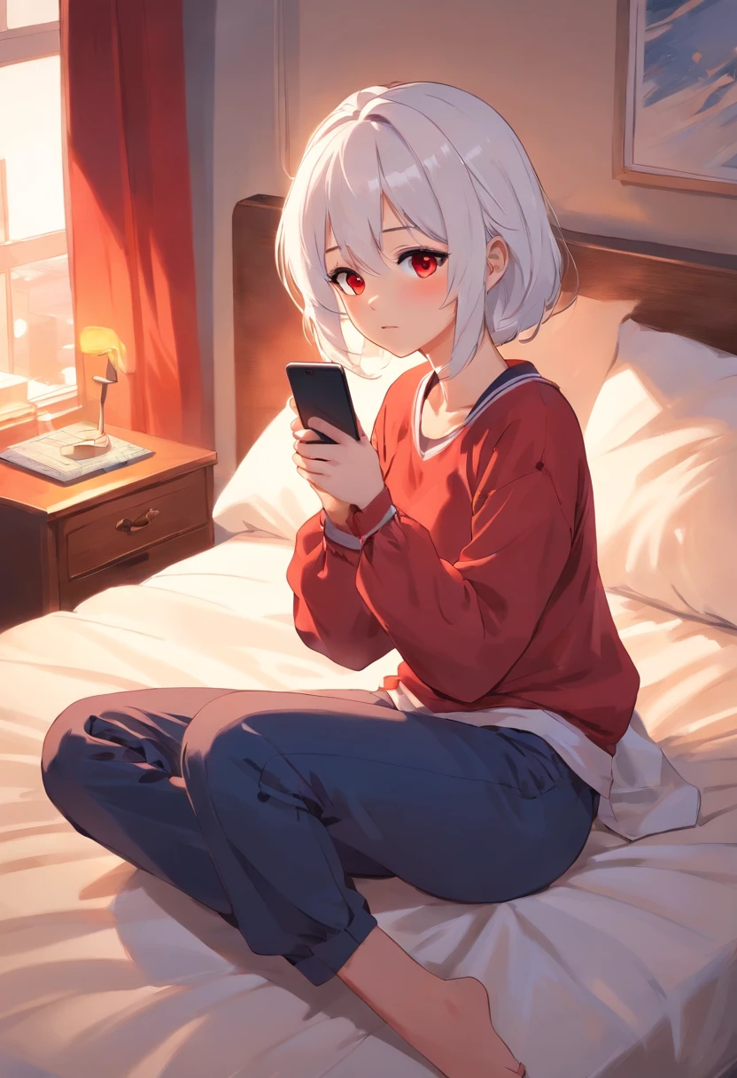 Girl with white hair and red pupils，Wear cartoon long sleeves and long pants, Sitting on the bed and playing with your phone