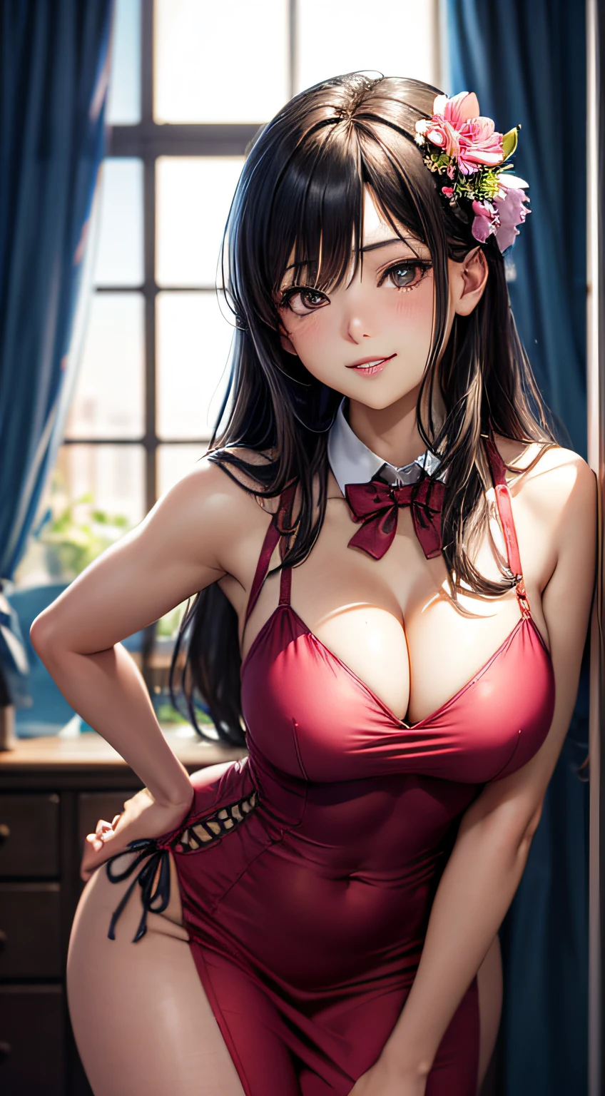 ((masutepiece, Best Quality, 4K)), 1girl in, Cowboy Shot, Gray eyes, Long Black Hair, gals, hands behind back, Manga, Pink microskirt, Chromic aberration, detailed illustration, Pose Seductive, Leaning forward, lightsmile, cleavage, Thailand Top, Pink bow tie, Indoors, pink flowers, thick lips, Pink bedroom background, plant, window, light Particle, (Cute face), Realistic,