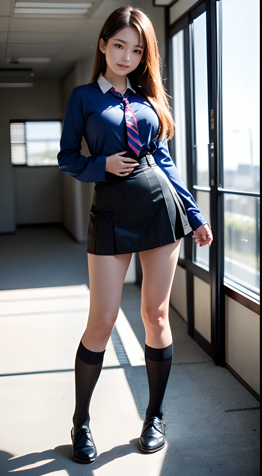 mix4, (16 K, Raw photography, Top image quality, masterpiece: 1.45), (realisitic, Photorealsitic: 1.37), one girls, cute little, A city scape,, profetional lighting, photon maping, school classrooms, physically-based renderingt, dark brown hair,pony tail hairstyle, Well-groomed and beautiful eyes、((二重まぶた))、Transcendent Cute Girl, (((student clothes、blazers、Long sleeve shirt worn by Japan high school girl、Ribbon Ties、Dark blue mini skirt,、Dark blue socks、Black loafers))), Top Quality Photos, hight resolution, 1080p, (clearface), (Detailed face description), (Detailed hand description), (masterpiece), (Exquisite CG)、extreme light and shadows、dishevled hair、master work、abundant detail、(Fine facial features)、(top quality photo)、(masuter piece)、(A detailed eye)、Look in front of you、Fine clavicle、((Slender big))、(((Japan schoolgirl wears a long-sleeved shirt)))、((Neat and clean idol))、((School Gate、school ground、School building in the background))、(Shooting from random perspectives)、(((Anyway cute)))、耳Nipple Ring、A big smile、Drawing the whole body from the knees、Do not draw nasolabial folds、(((Sports bags used by Japan schoolgirls)))、(Big breasts that hang down big:1.2)、Big buttocks with tension、Two arms and two legs、(((from the front side:0.7)))、bare hand、(((Left and right symmetrical eyes)))、Standing Pose、Put your hands on your desk、Do not remove the tie from the jacket、