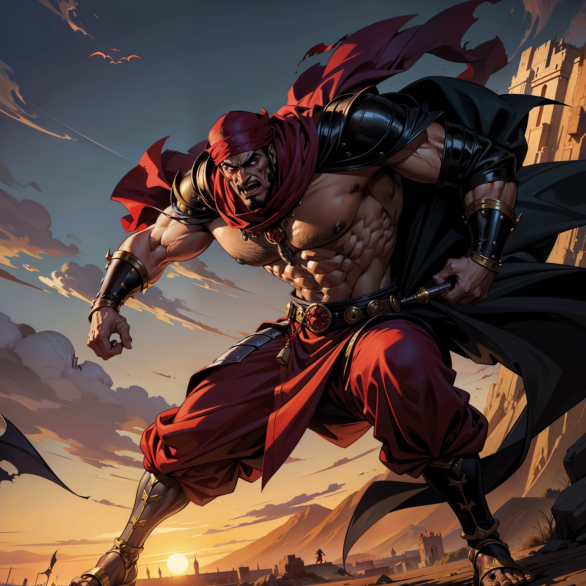 Super Detailed Dynamic Shot of Lord Dracula's Centerpiece Medieval Arab Warrior with a Red Turban Scary Face Hokuto No Ken Structure Muscular Face Scary Kenshiro Walking With His Moroccan Army