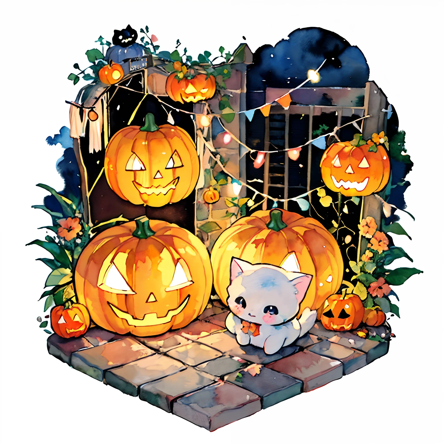 (PastelColors:1.5)、(Cute illustration:1.5)、(watercolor paiting:1.2)、(Jack O'Lantern:1.2)、catss、Black cat、A cat puts his hand on a pumpkin、Pumpkin and cat、Halloween、magia、kirakira、vine、dark ambiance