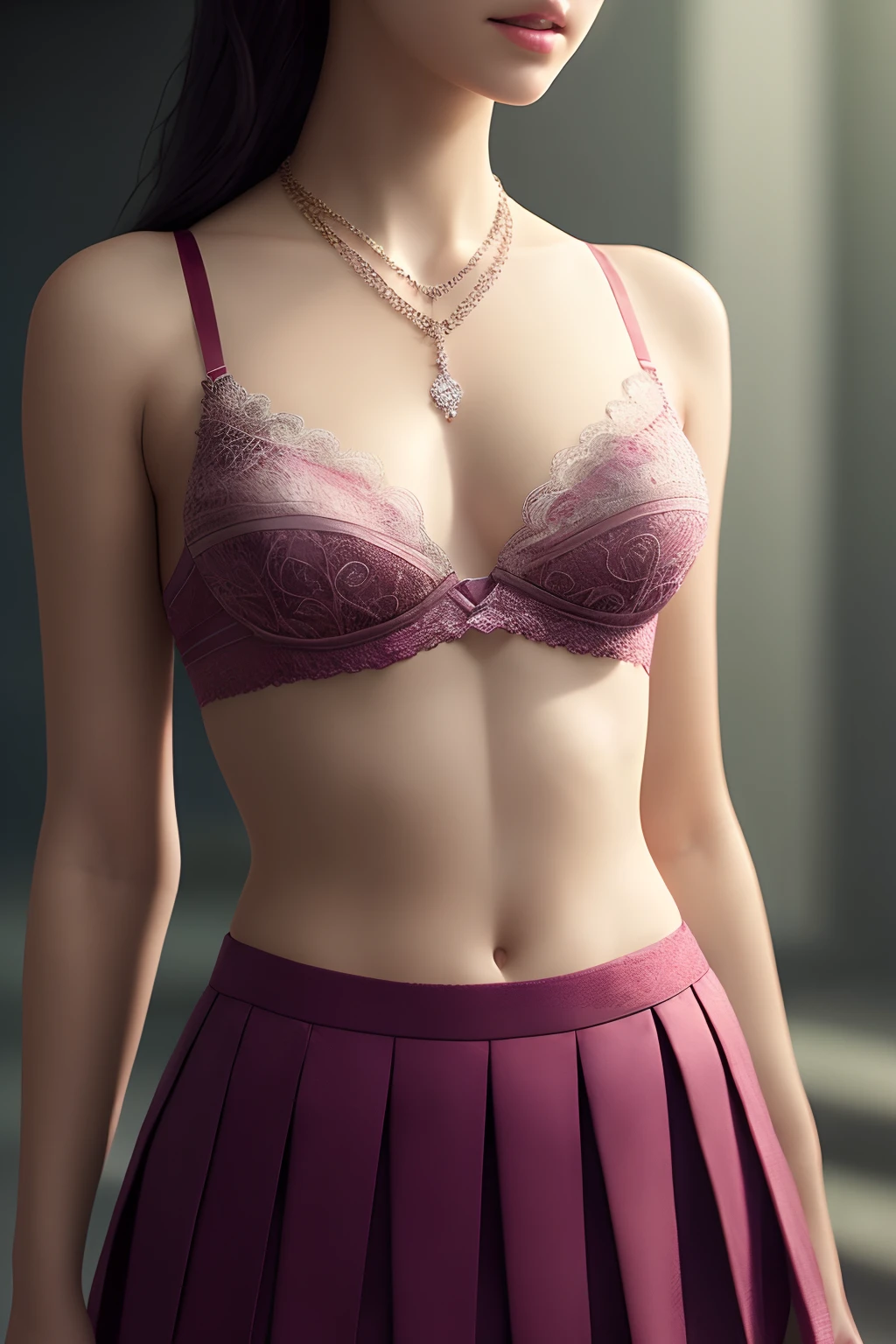 young girl,lace bra,pleated skirt,diamond necklace,natural skin texture,2k textures, soft cinematic light intricate, elegant, highly detailed, sharp focus, ((((cinematic look)))), soothing tones, insane details, intricate details, hyperdetailed, low contrast, soft cinematic light, dim colors, exposure blend,dancing