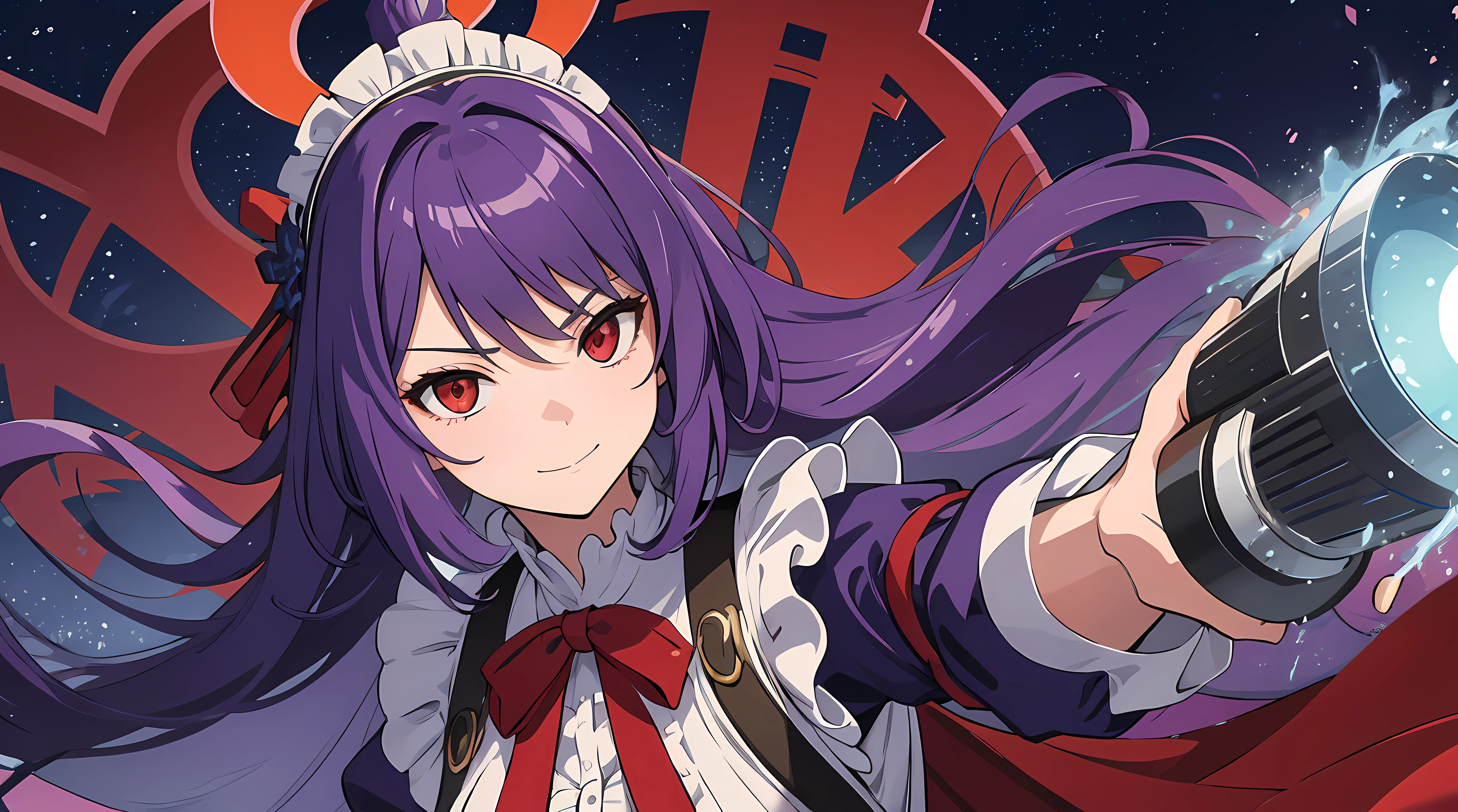 Very detailed illustration of an adult woman with ((long purple hair)), maid-like headdress, victorian ruffled dress in blue, smirk, ((red eyes)), dangerous looking, zoomed, japanese village environment, tetradic colors, cartoon, xenoblade chronicles merged with genshin impact, MSchiffer, fantasy, cartoonish vector, anime, manga, tetradic colors, (cel-shaded) flat coloring, night