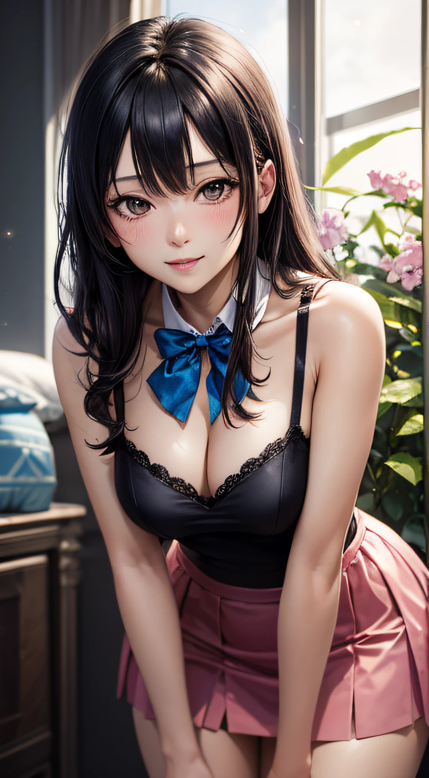 ((masutepiece, Best Quality, 4K)), 1girl in, Cowboy Shot, Gray eyes, Long Black Hair, gals, hands behind back, Manga, Pink microskirt, Chromic aberration, detailed illustration, Pose Seductive, Leaning forward, lightsmile, cleavage, Thailand Top, Pink bow tie, Indoors, pink flowers, thick lips, Pink bedroom background, plant, window, light Particle, (Cute face), Realistic,